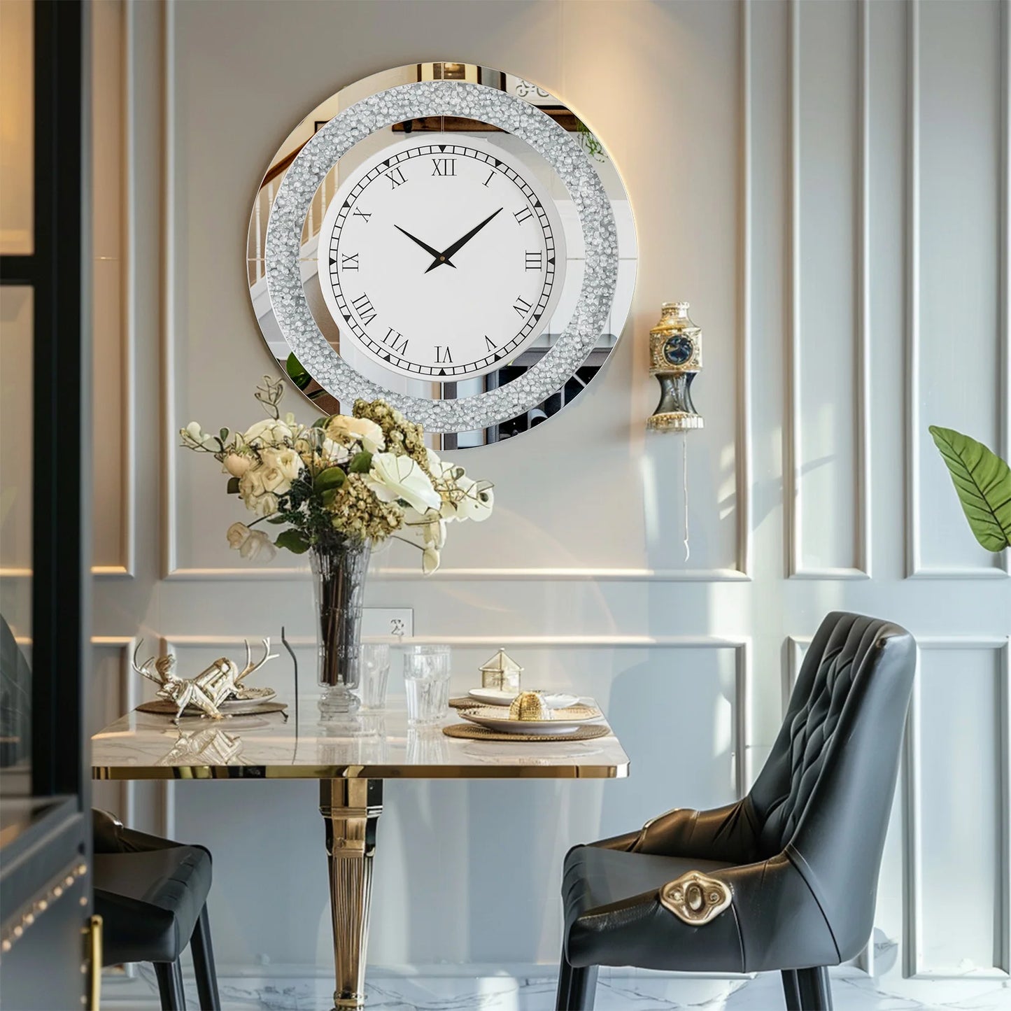 Decorative Crystal Mirrored Wall Clock With Silent Movement