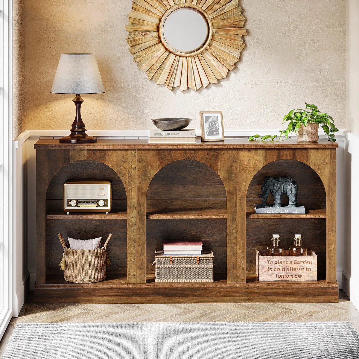 Tribesigns Farmhouse Wooden Console Table With Three Tier Storage Shelf