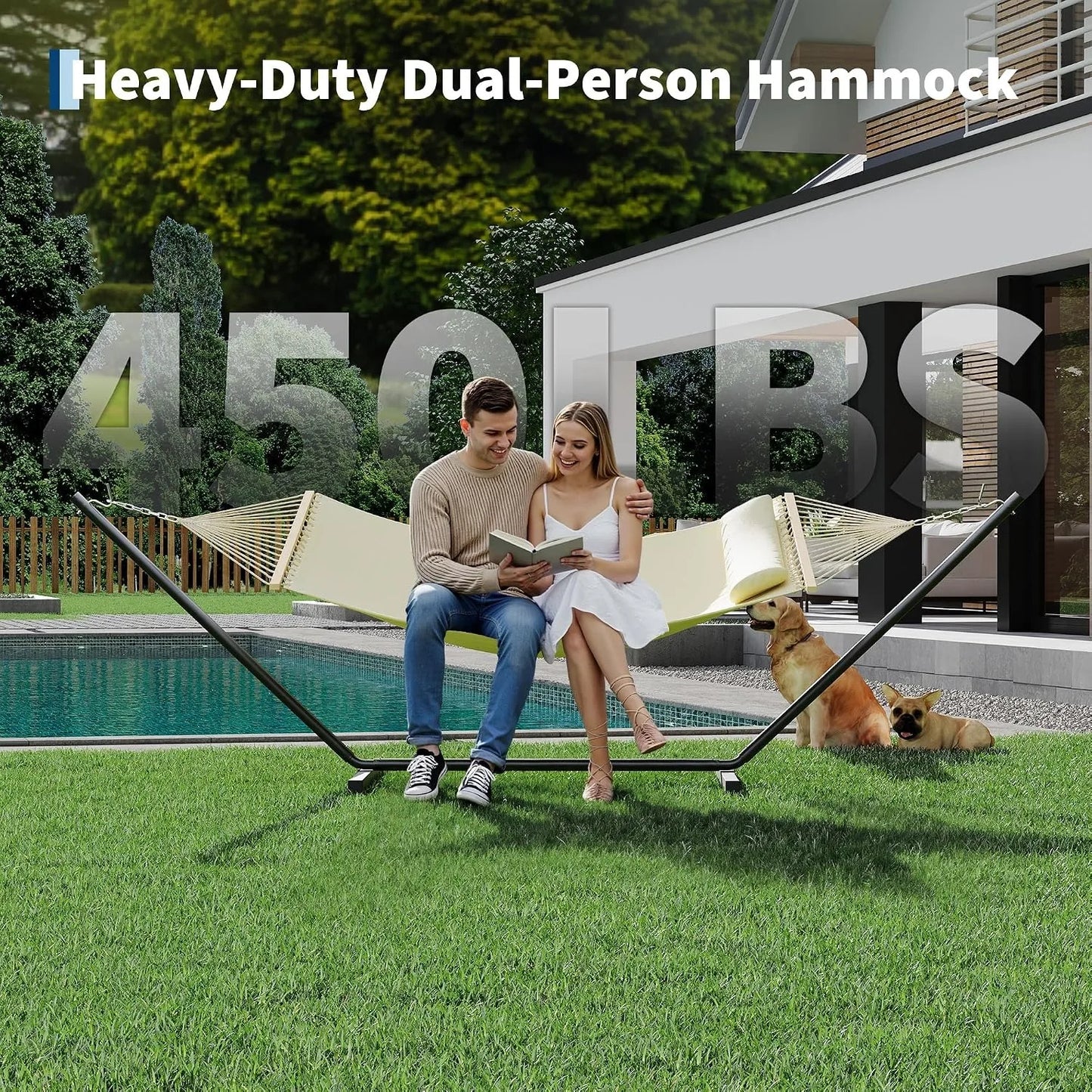 Double Polyester Hammock With Stand And Pillow For Outdoor Relaxation