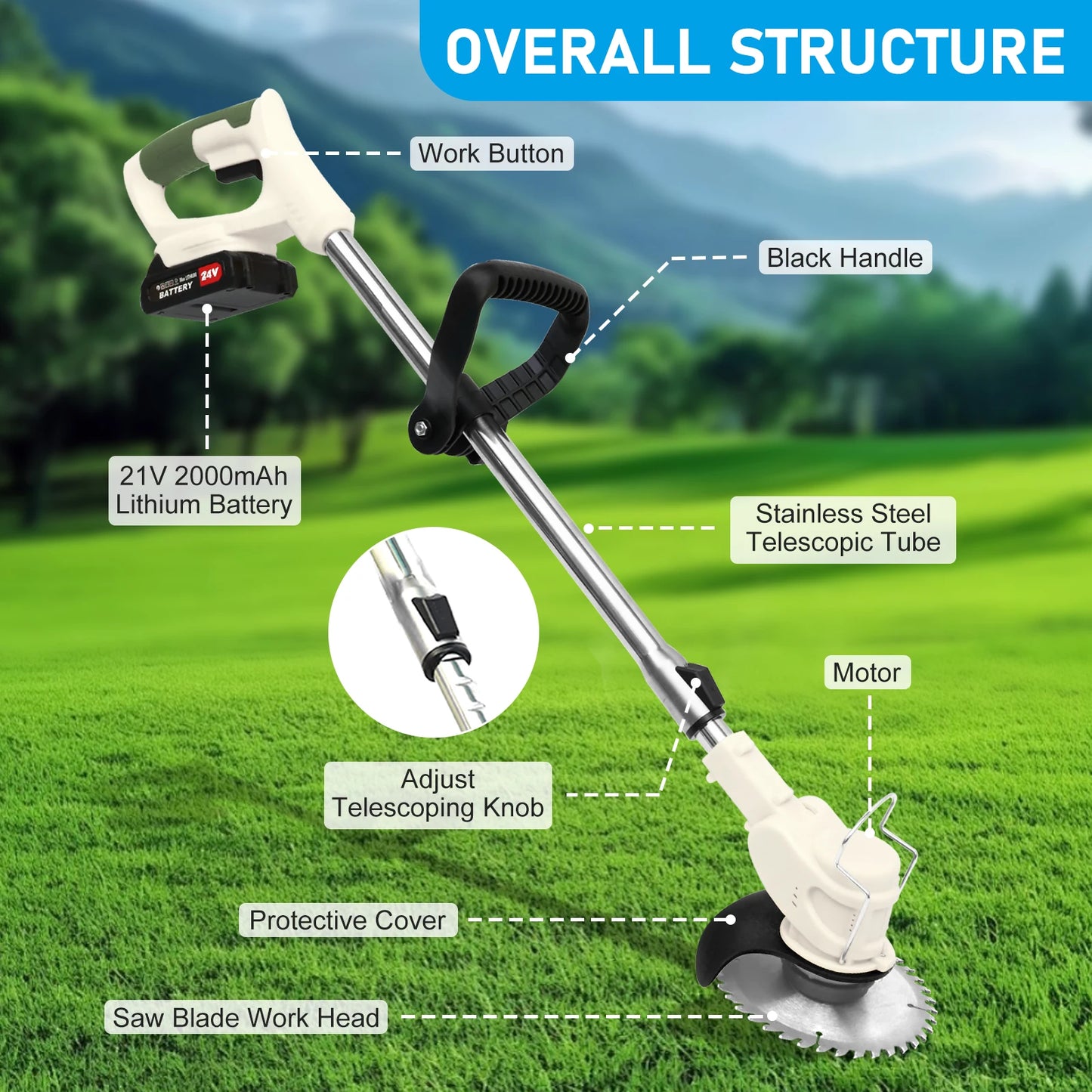 21V Cordless Grass Trimmer 3in1 With 2x2.0Ah Batteries And Charger