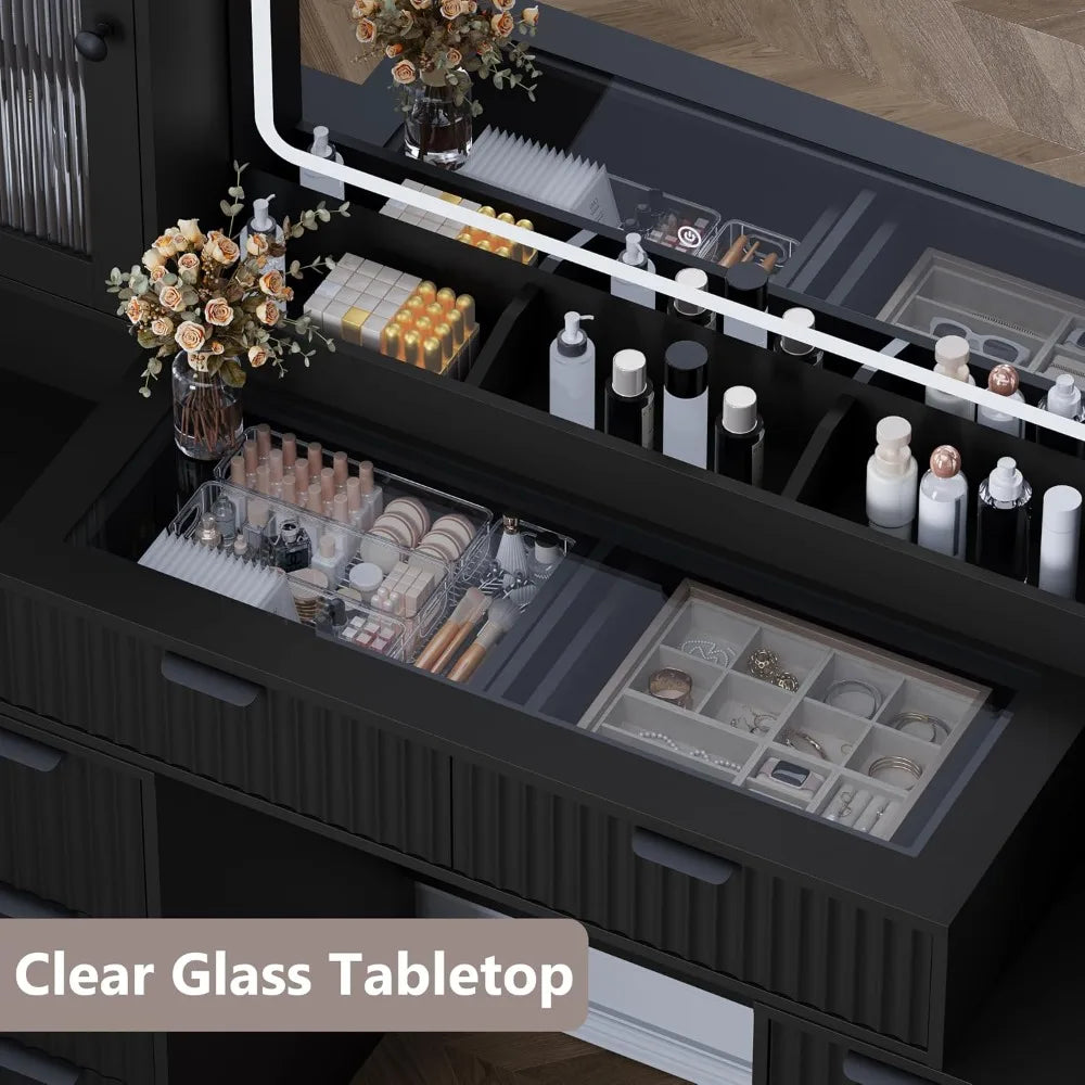 Fluted Makeup Vanity Desk With LED Mirror And Drawers