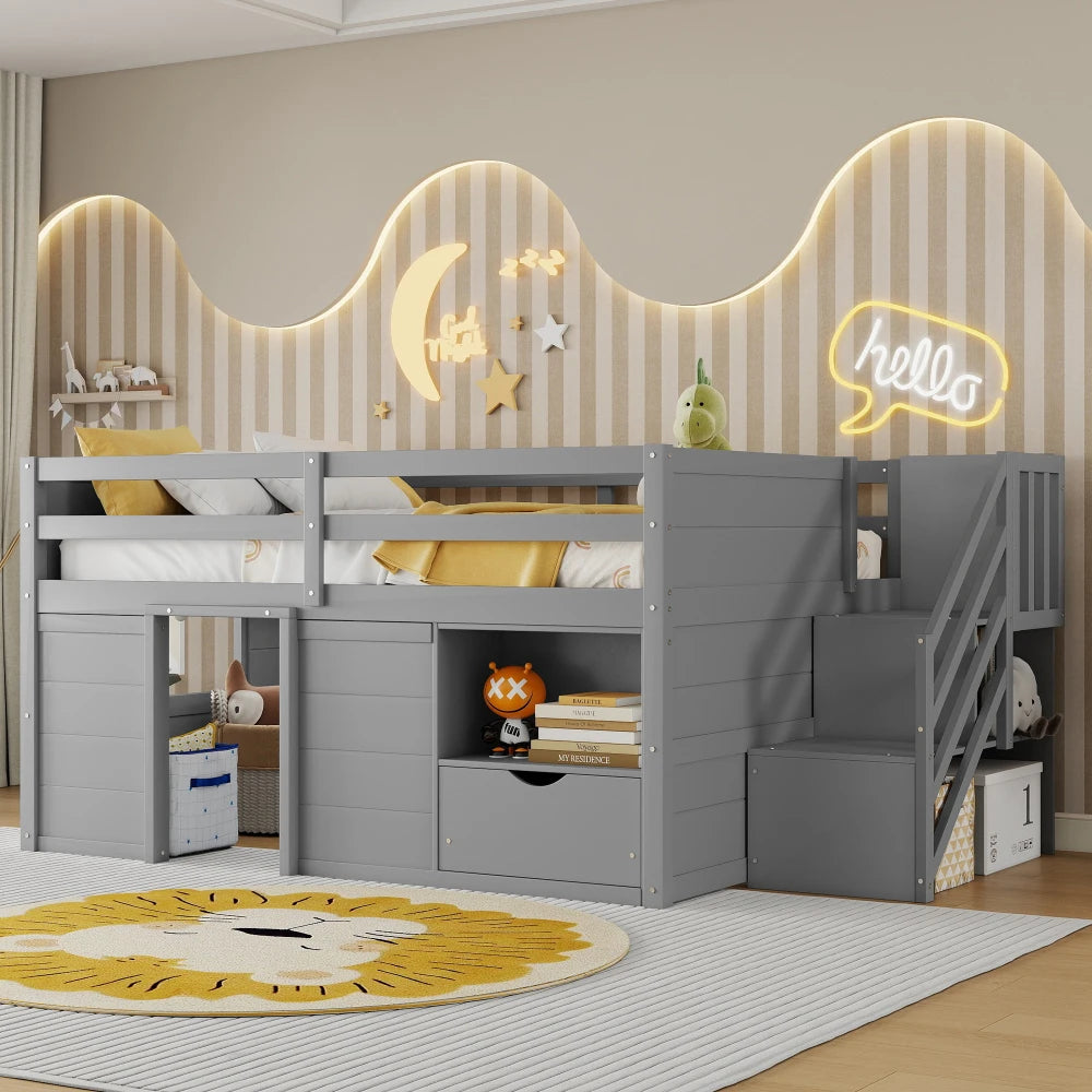 Solid Wood Kids Loft Bed With Stairs Storage Drawer Shelf
