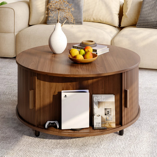 Onbrill Round Coffee Table With Storage And Curved Sliding Door