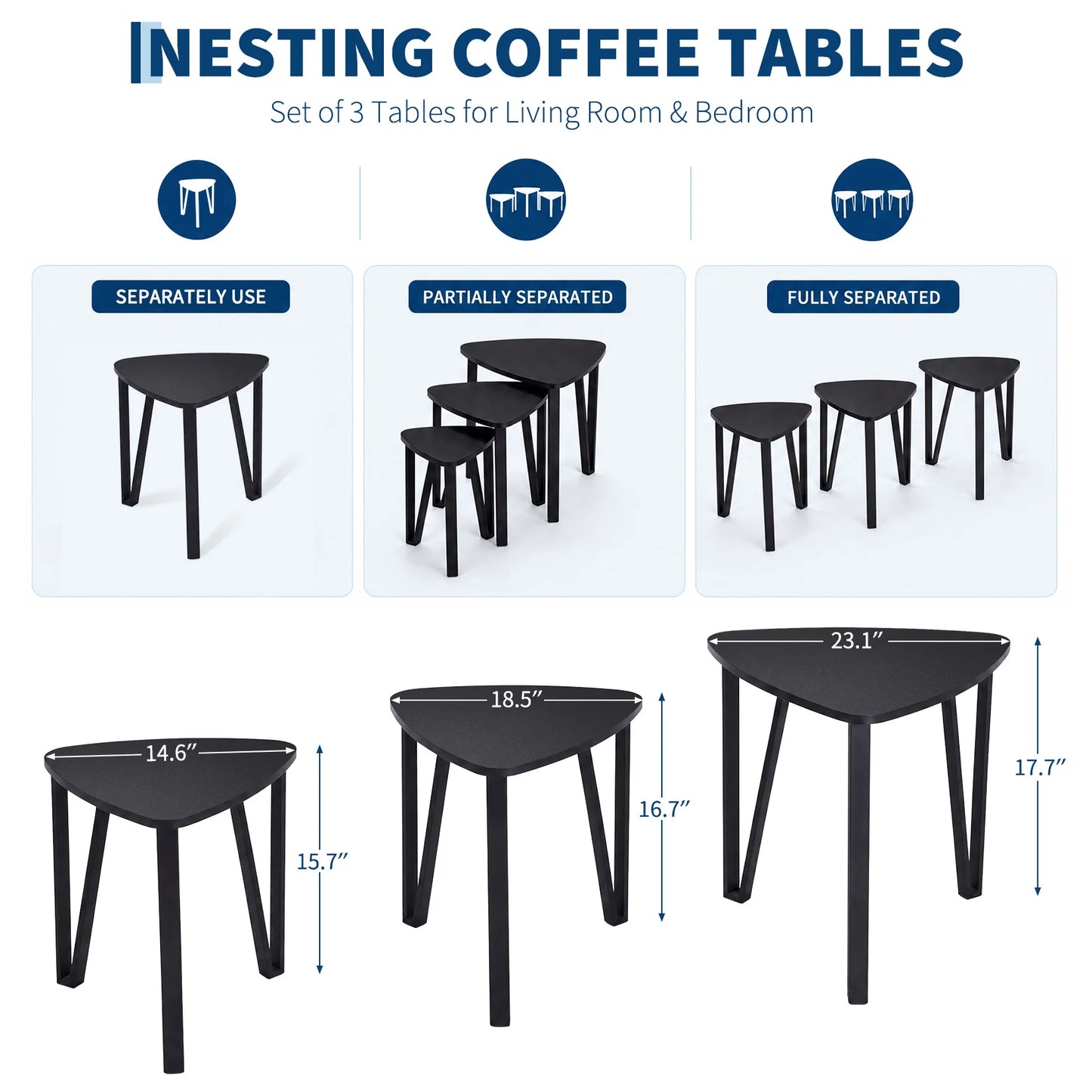 HiMISS Triangle Nesting Coffee Tables Three Piece Set Metal Frames