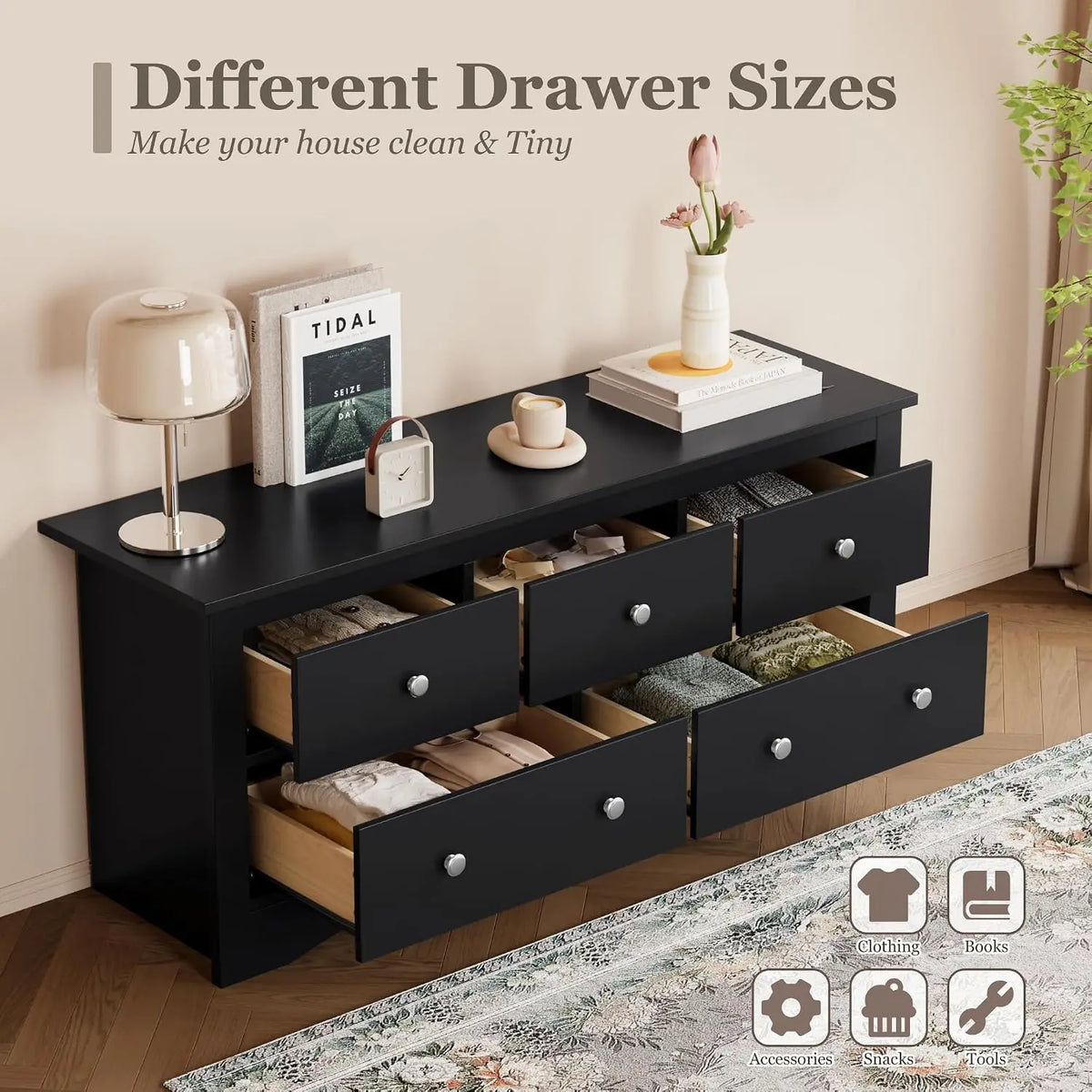 Five Drawer Wood Dresser TV Stand Storage Cabinet Bedroom Furniture