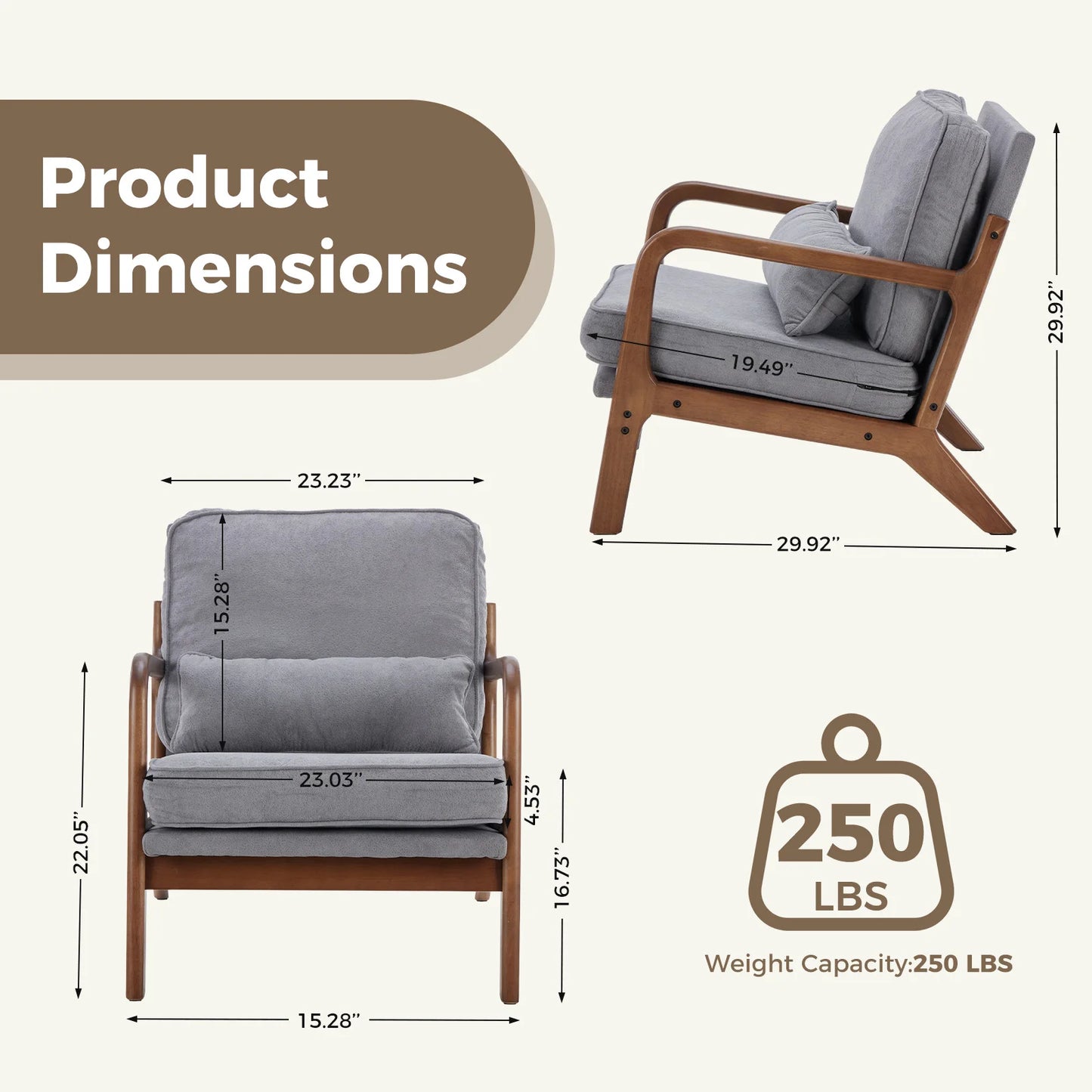 JHK Mid Century Modern Wood Armchair With Cushioned Seat
