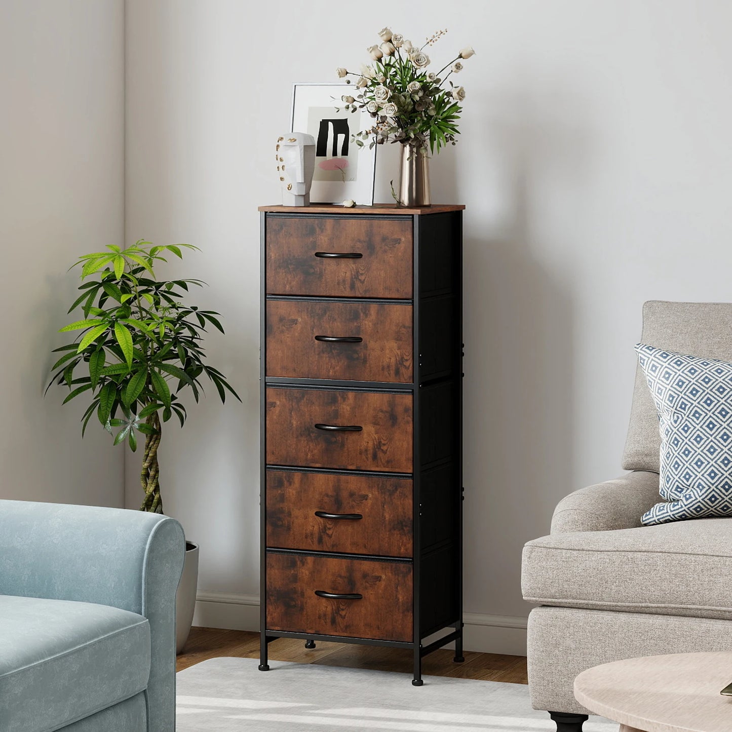 JHK Dresser With Five Fabric Drawers Steel Frame Bedroom Furniture