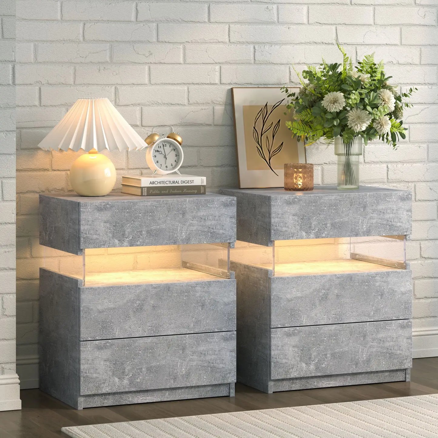 Cubehom Bedside Tables Set With LED Lighting 3 Drawer Nightstands