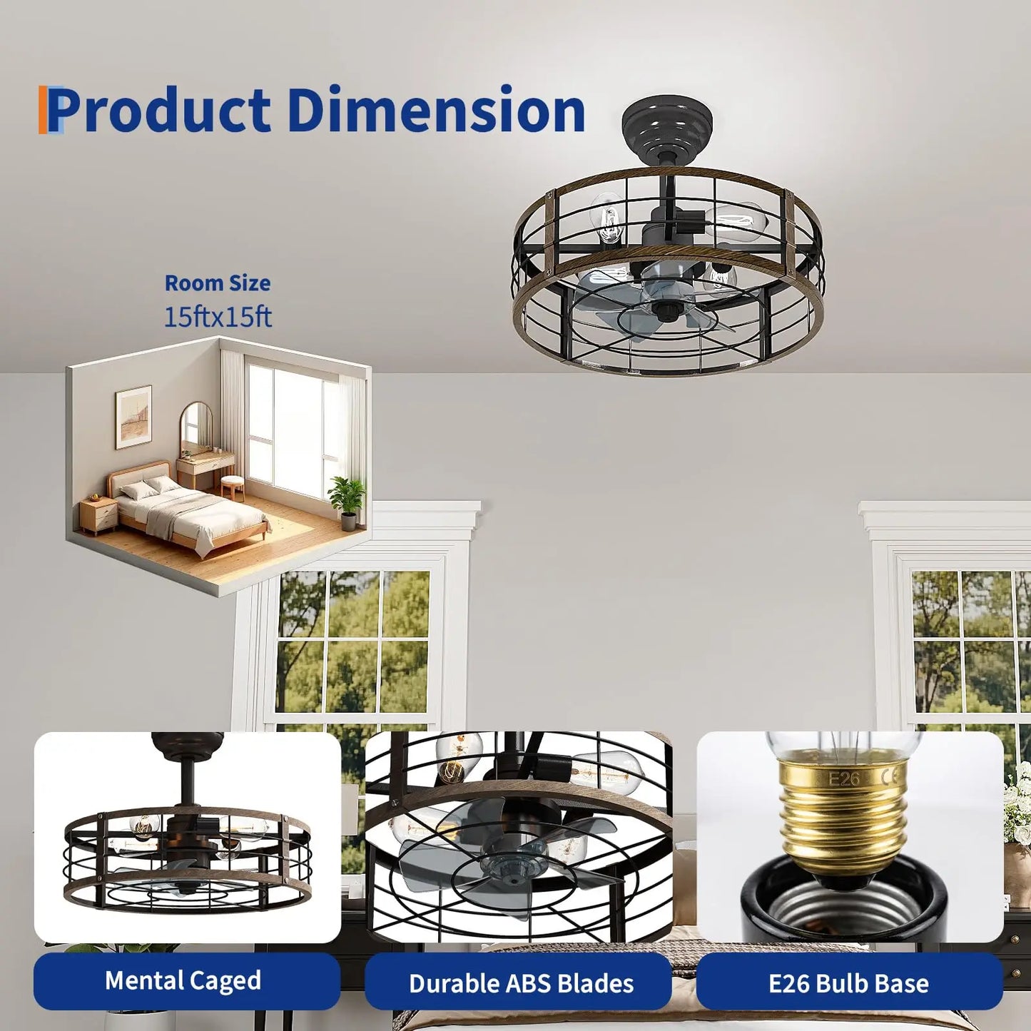 Adoolla Caged Farmhouse Fandelier Ceiling Fan With Light Remote