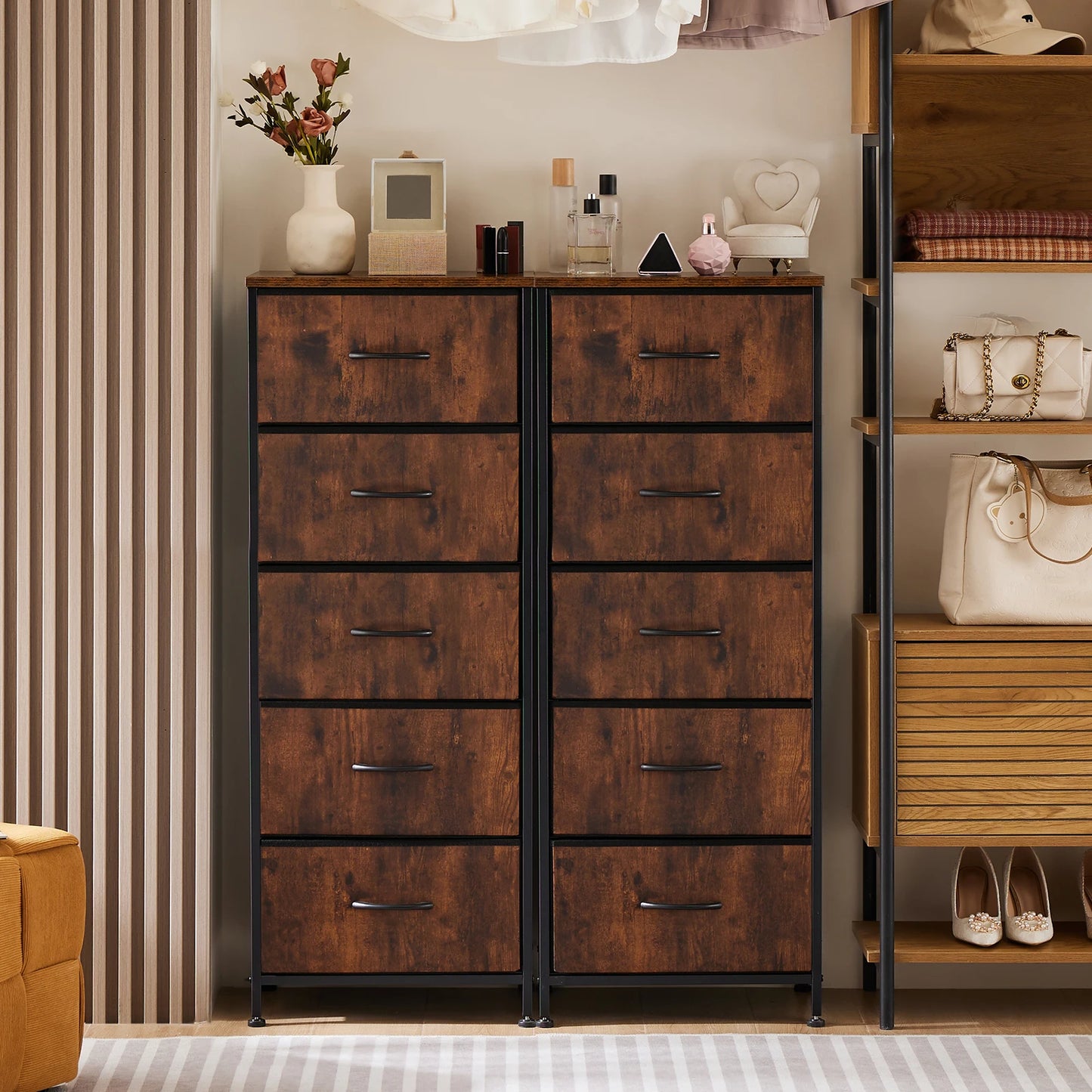 JHK Dresser With Five Fabric Drawers Steel Frame Bedroom Furniture