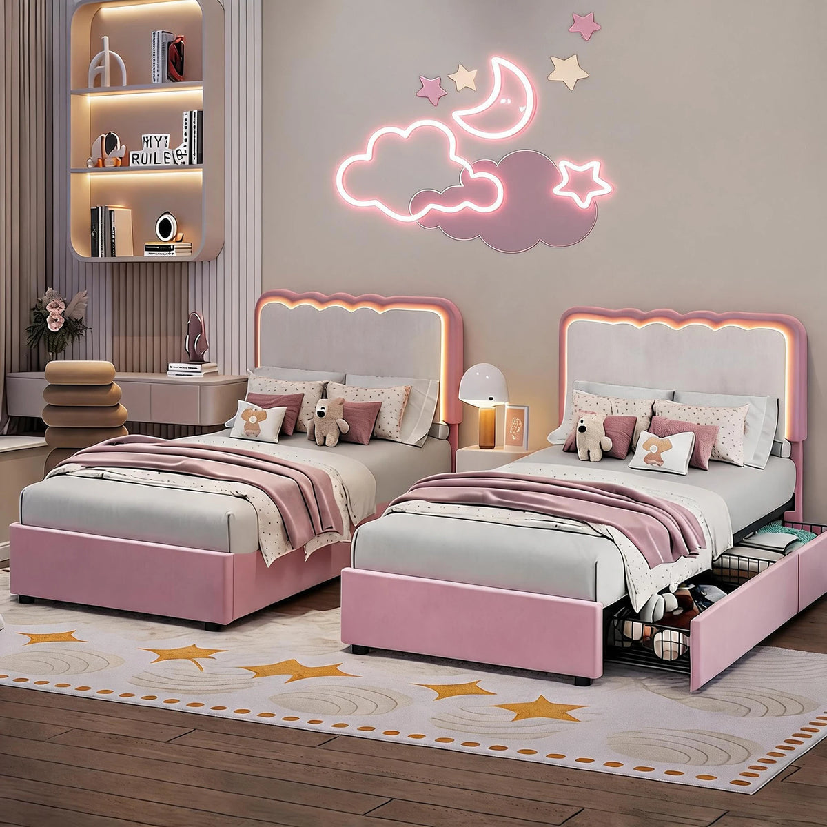 HiMISS LED Velvet Platform Bed With Storage Drawers