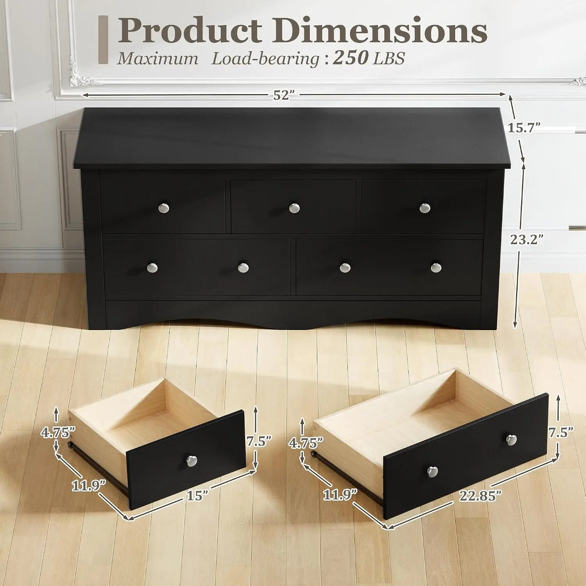 Five Drawer Wood Dresser TV Stand Storage Cabinet Bedroom Furniture