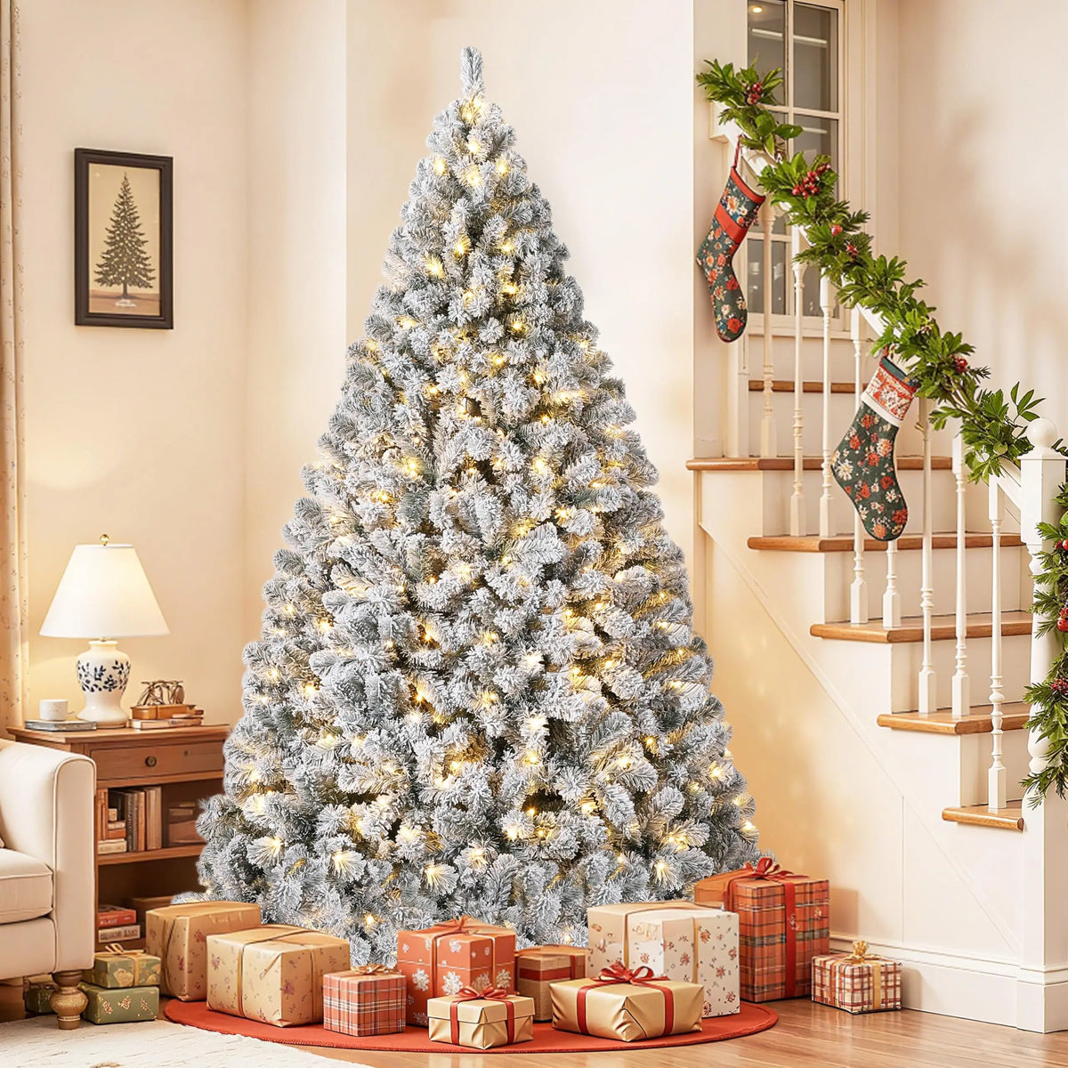 Snow Flocked Artificial Christmas Tree With Warm White LED Lights