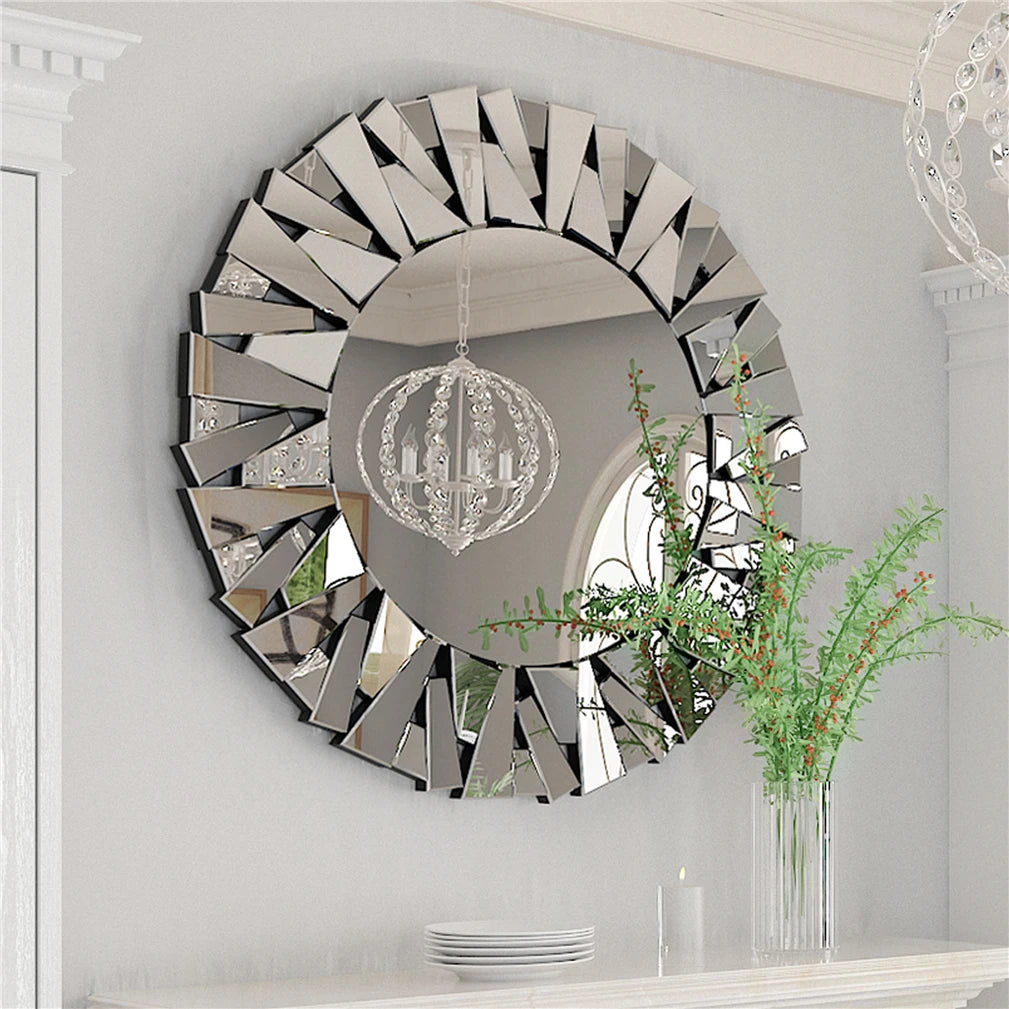 Unique Sunburst Decorative Round Beveled Glass Wall Mirror Accent