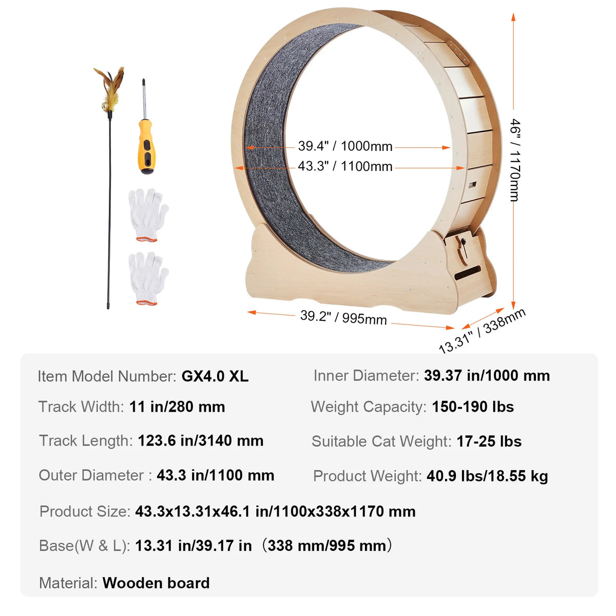 SucceBuy Wooden Cat Exercise Wheel with Detachable Carpet and Teaser