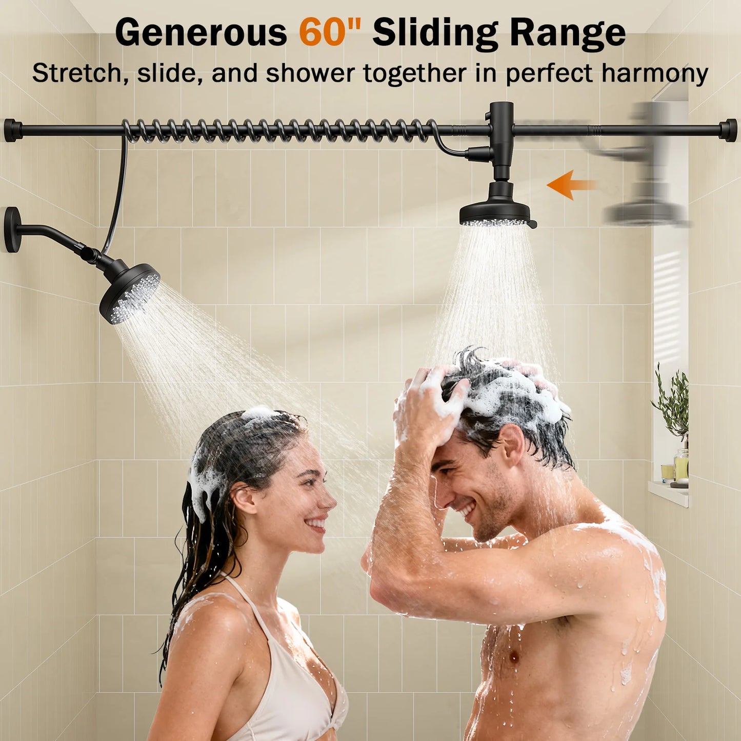Tandem Shower Head For Couples With Adjustable Slider High Pressure