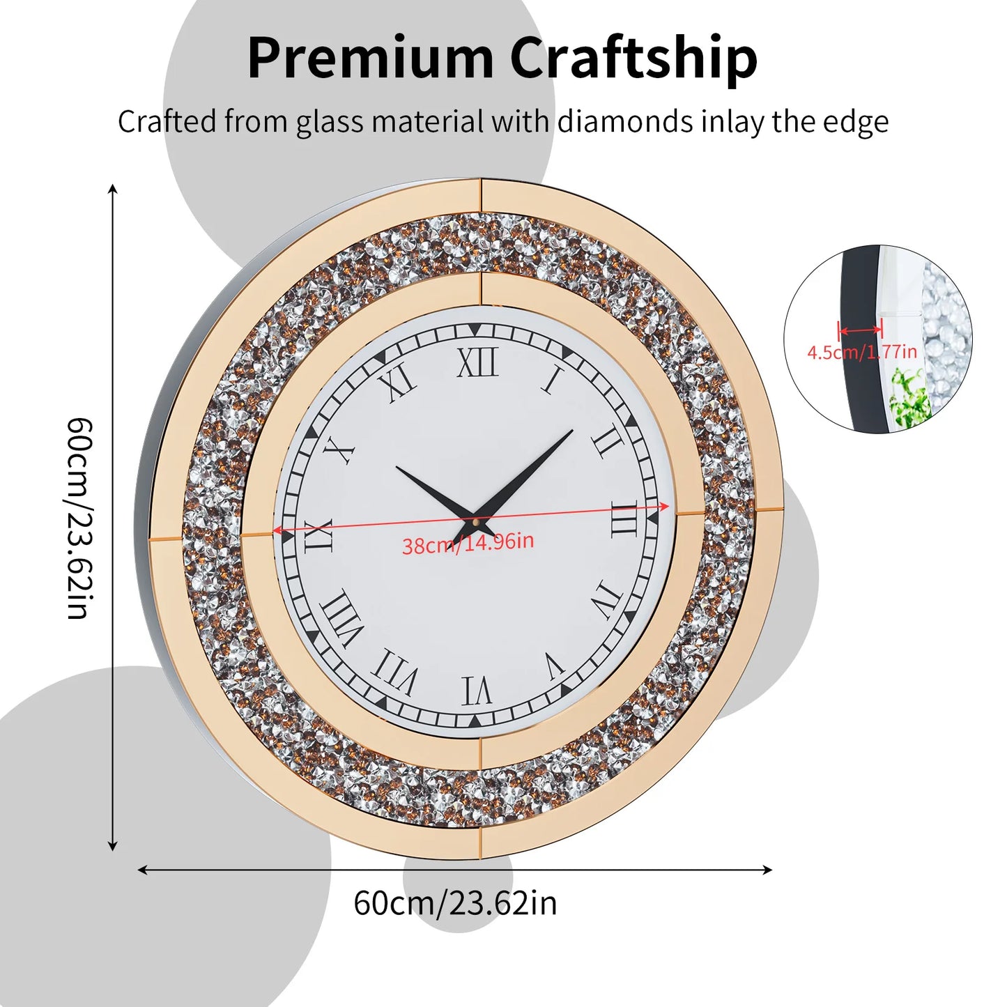 Bling Crystal Sparkle Round Wall Clock With Alarm