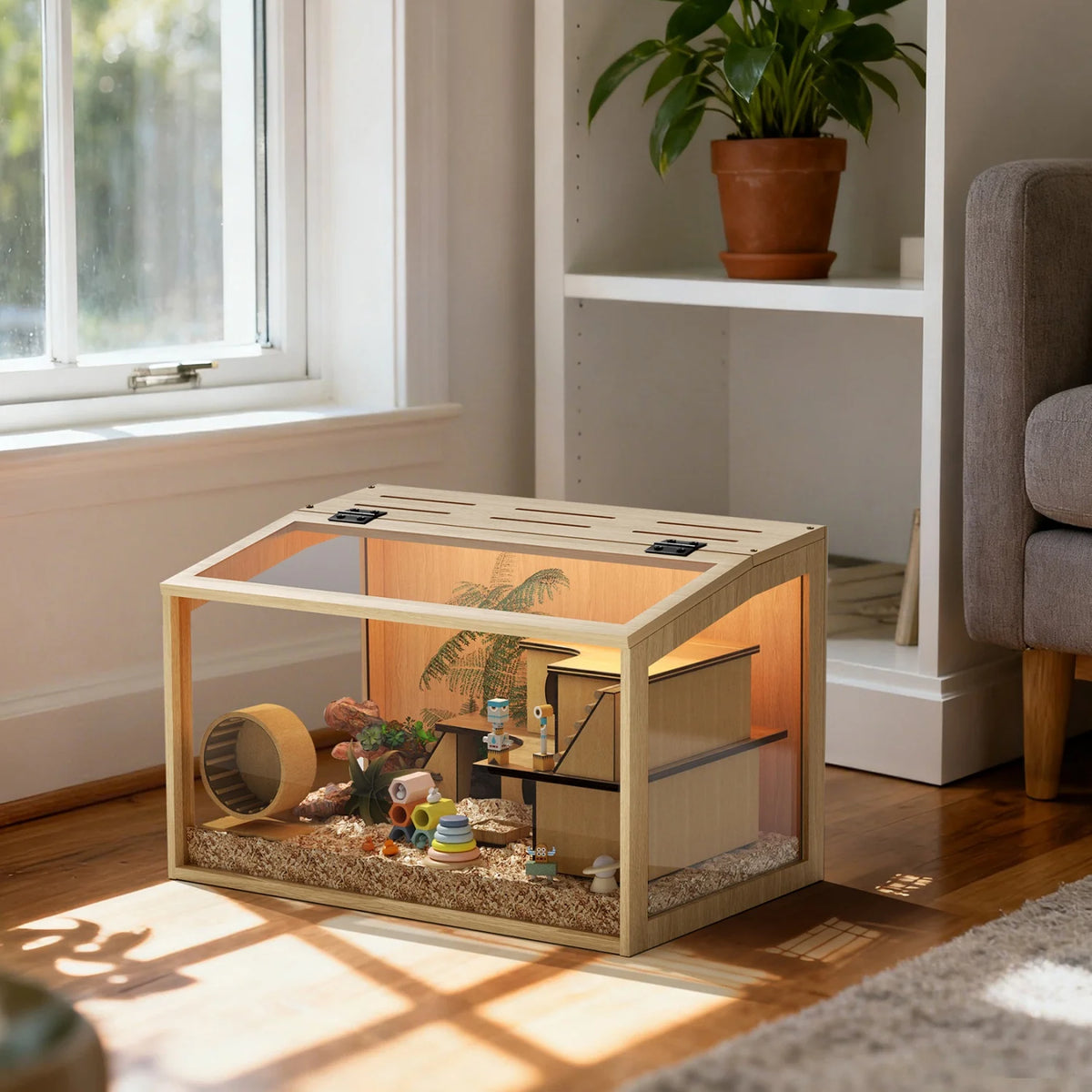 Natural Wooden Hamster Cage With LED Light Tabletop Habitat