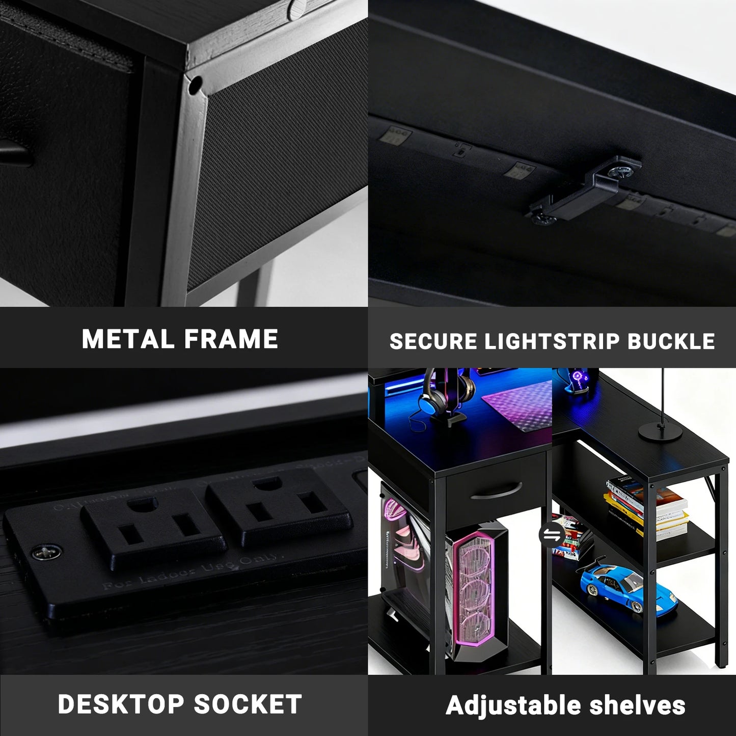 JHK L-Shaped Gaming Desk With USB Ports And LED Illumination
