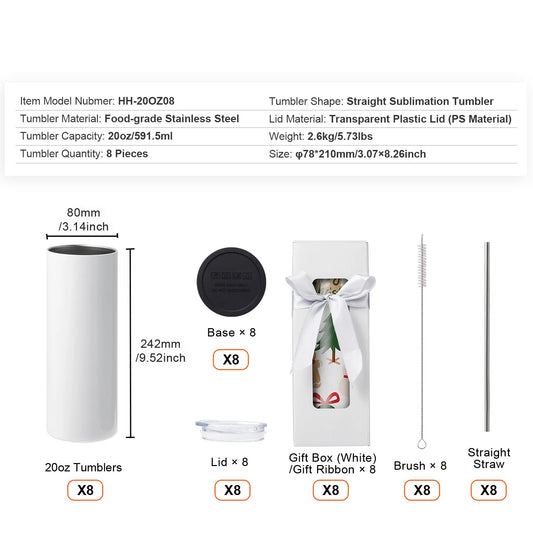 SucceBuy Straight Sublimation Stainless Steel Double Wall Blank Tumblers