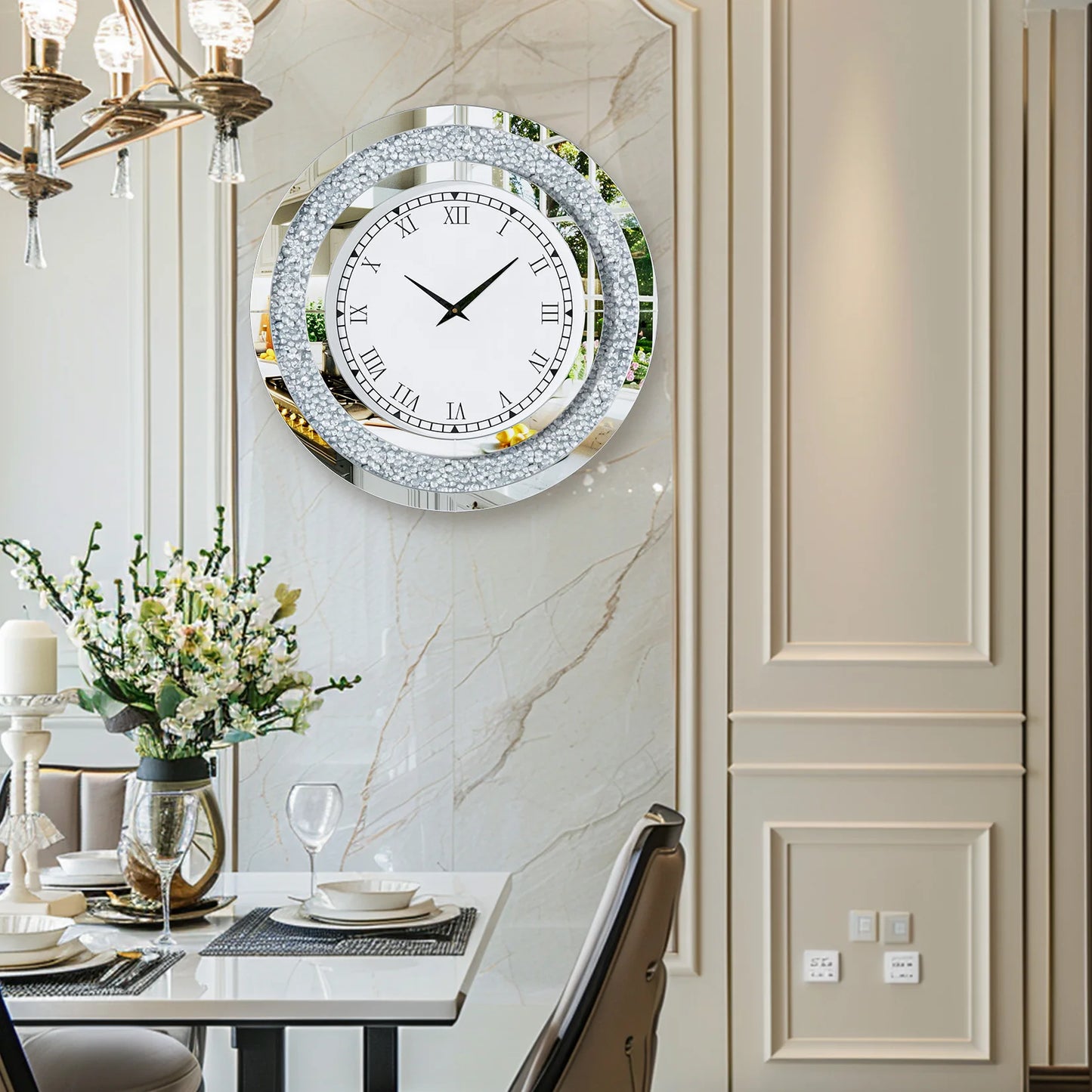 Decorative Crystal Mirrored Wall Clock With Silent Movement