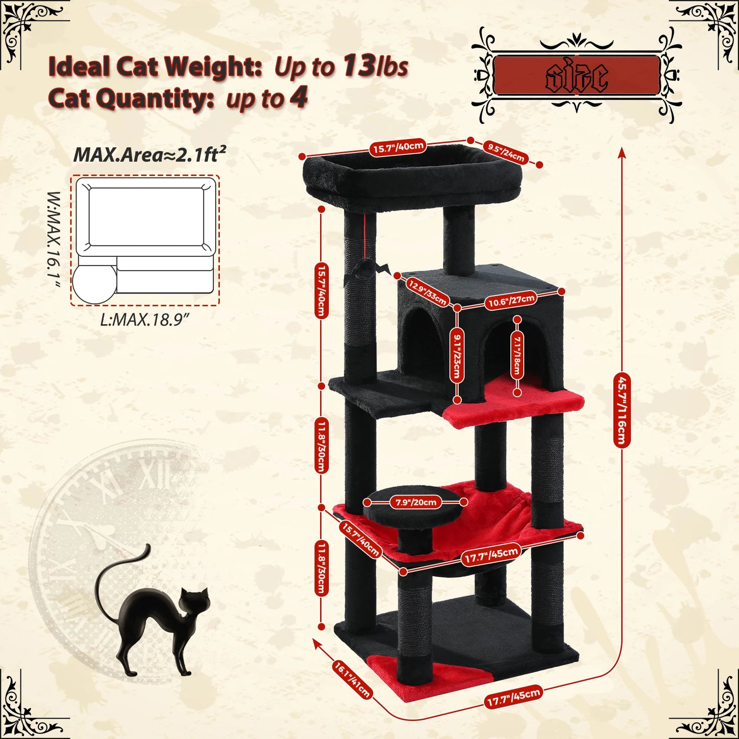 PAWZ Road Gothic Cat Tree Indoor Tall Cat Tower Hammock