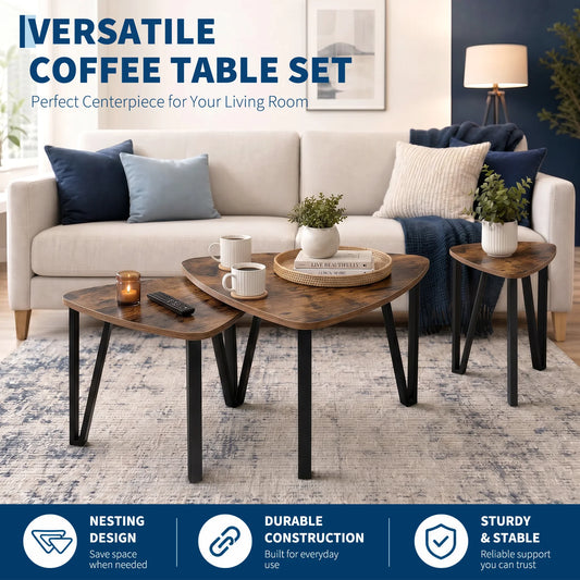 HiMISS Triangle Nesting Coffee Tables Three Piece Set Metal Frames