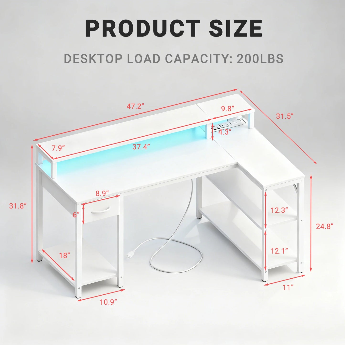 JHK L-Shaped Gaming Desk With USB Ports And LED Illumination