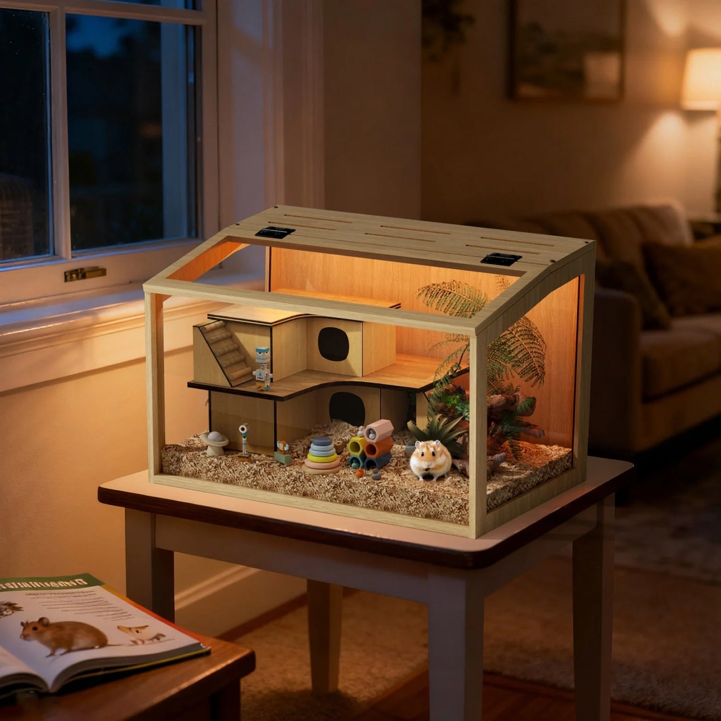 Wooden Hamster Cage Chewproof Tempered Glass Panels And LED Light