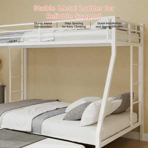 Square Tube Iron Bunk Bed With Ladder And Rolling Trundle