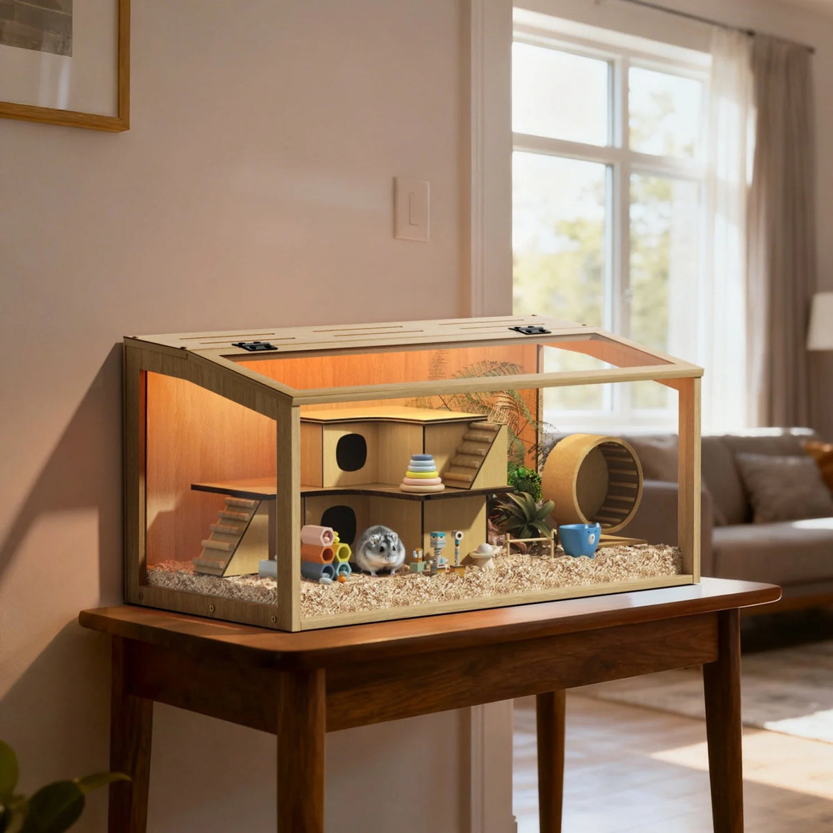 Natural Wooden Hamster Cage With LED Light Tabletop Habitat
