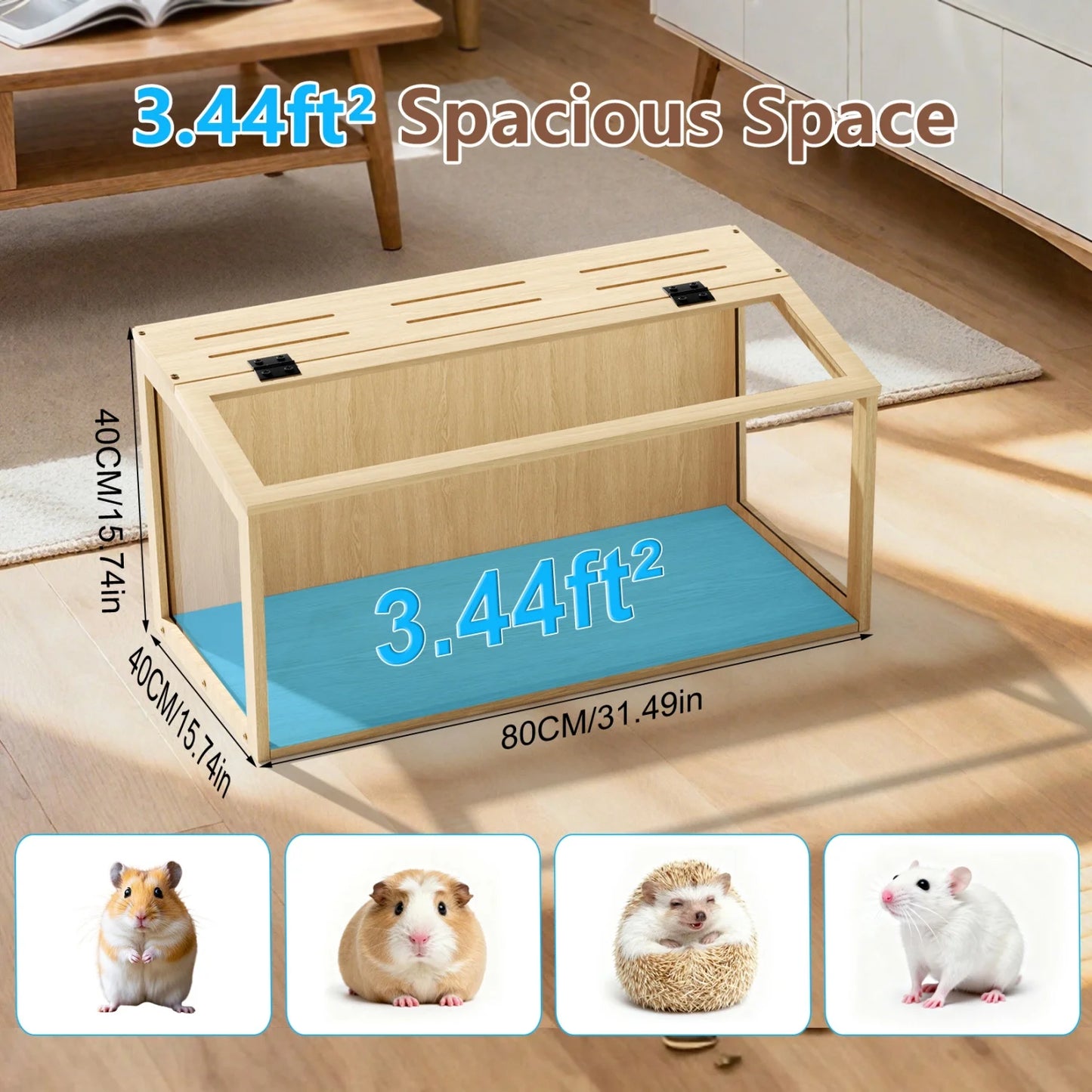 Wooden Hamster Cage Chewproof Tempered Glass Panels And LED Light