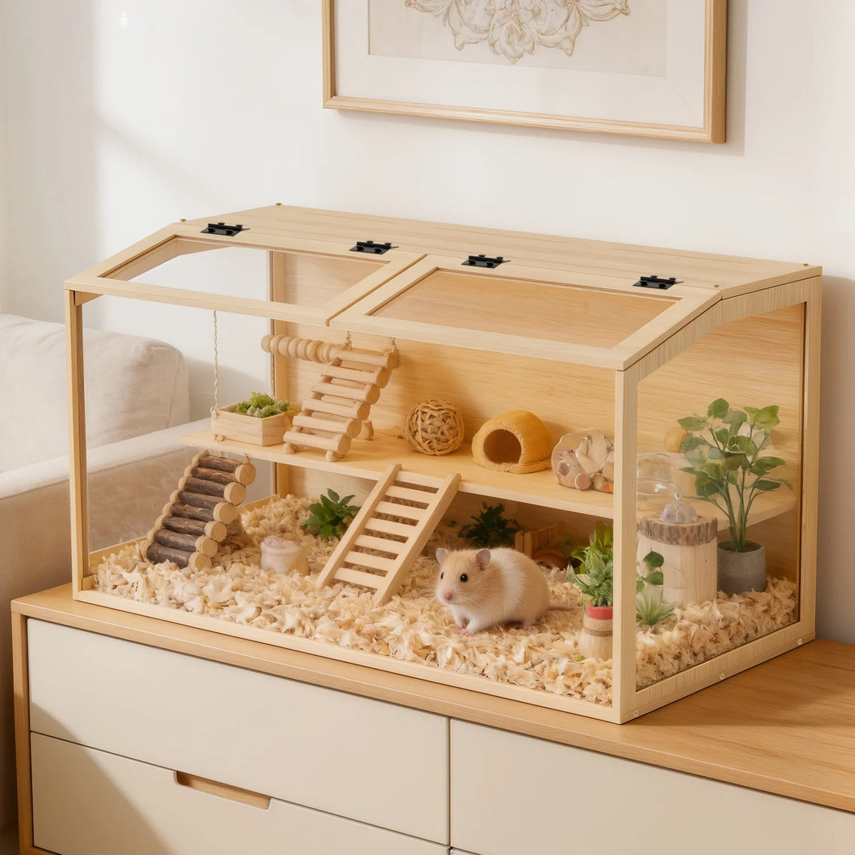 Natural Wooden Hamster Cage Built In Light Dual Door Habitat