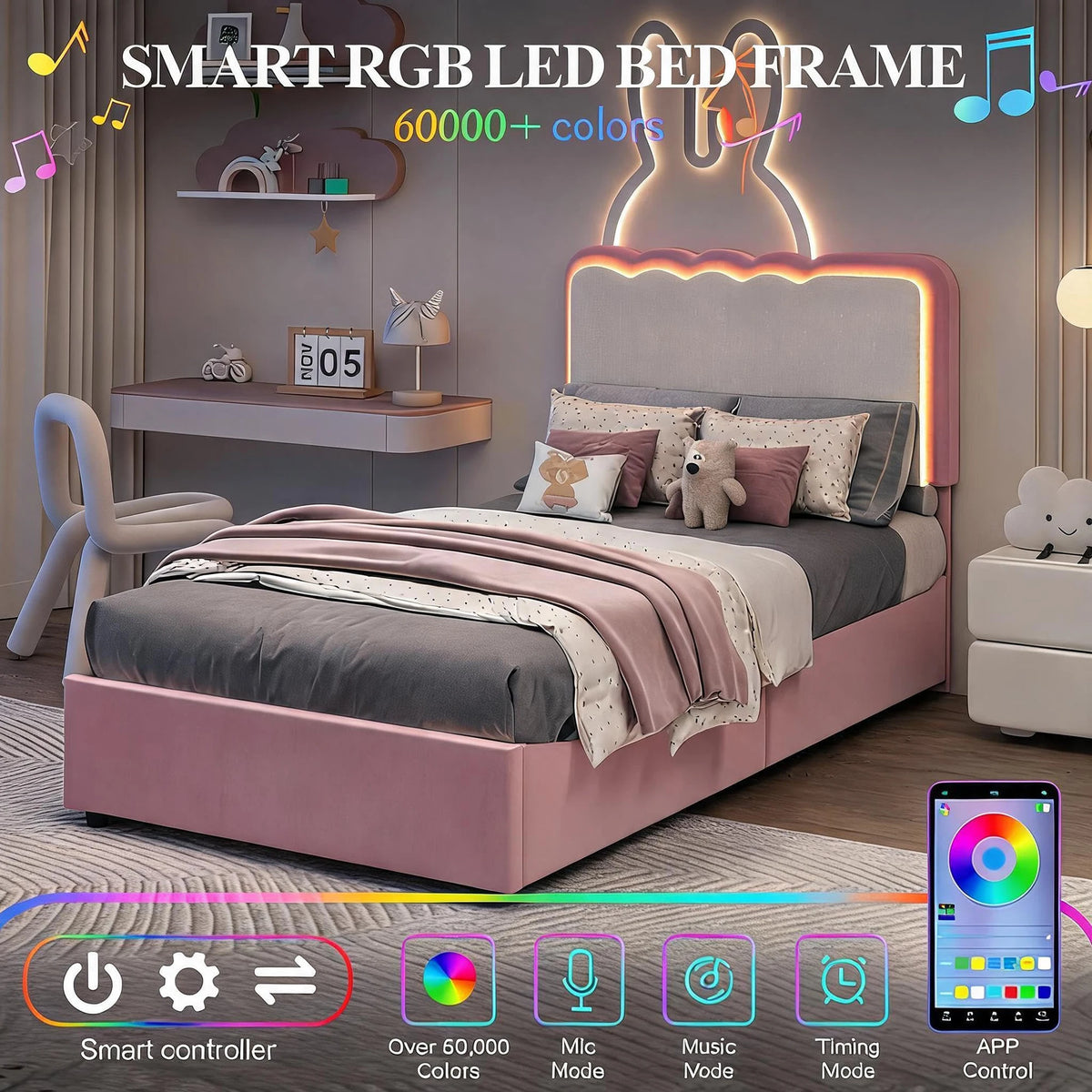 HiMISS LED Velvet Platform Bed With Storage Drawers