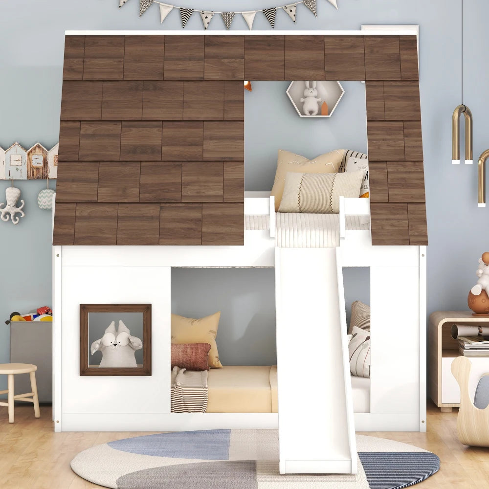 Modern Wood House Bunk Bed With Roof, Ladder And Slide