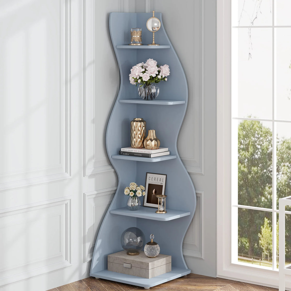 Tribesigns Modern Five Tier Corner Bookshelf Wooden Storage Rack