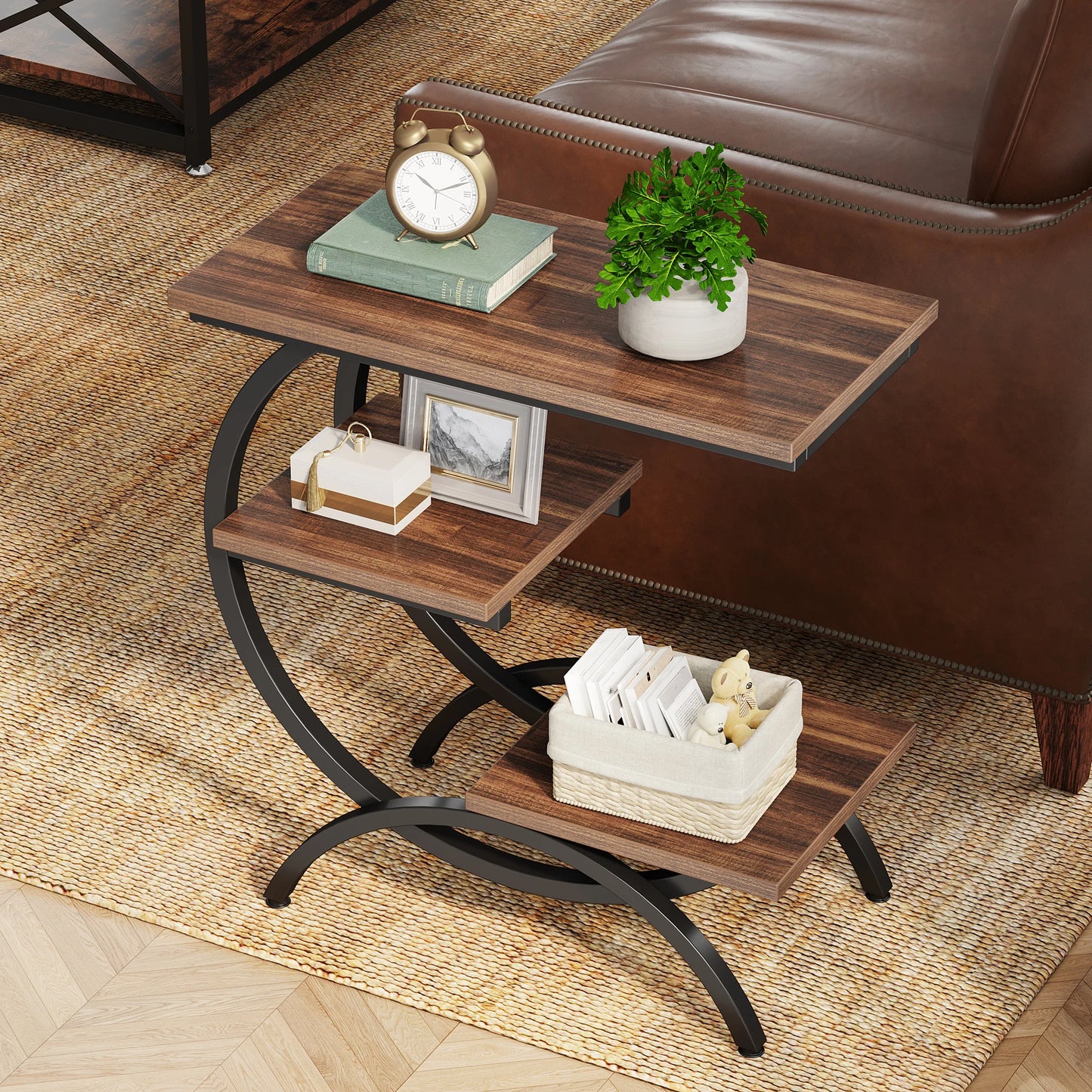 Tribesigns C Shaped End Table With 3 Tier Storage Shelves