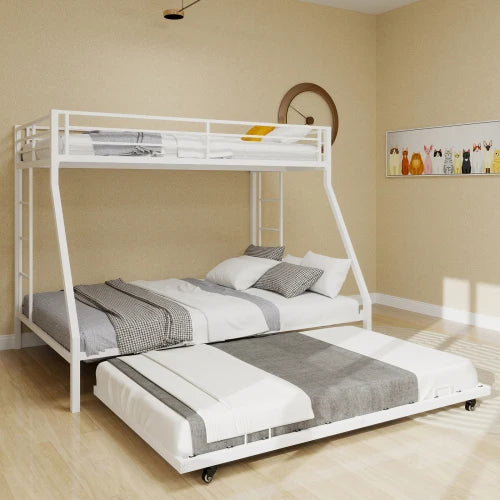 Square Tube Iron Bunk Bed With Ladder And Rolling Trundle