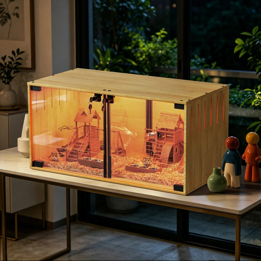 Wooden Hamster Cage With Dual Door Lock Chew Proof Divider