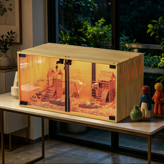 Wooden Hamster Cage With Dual Door Lock Chew Proof Divider