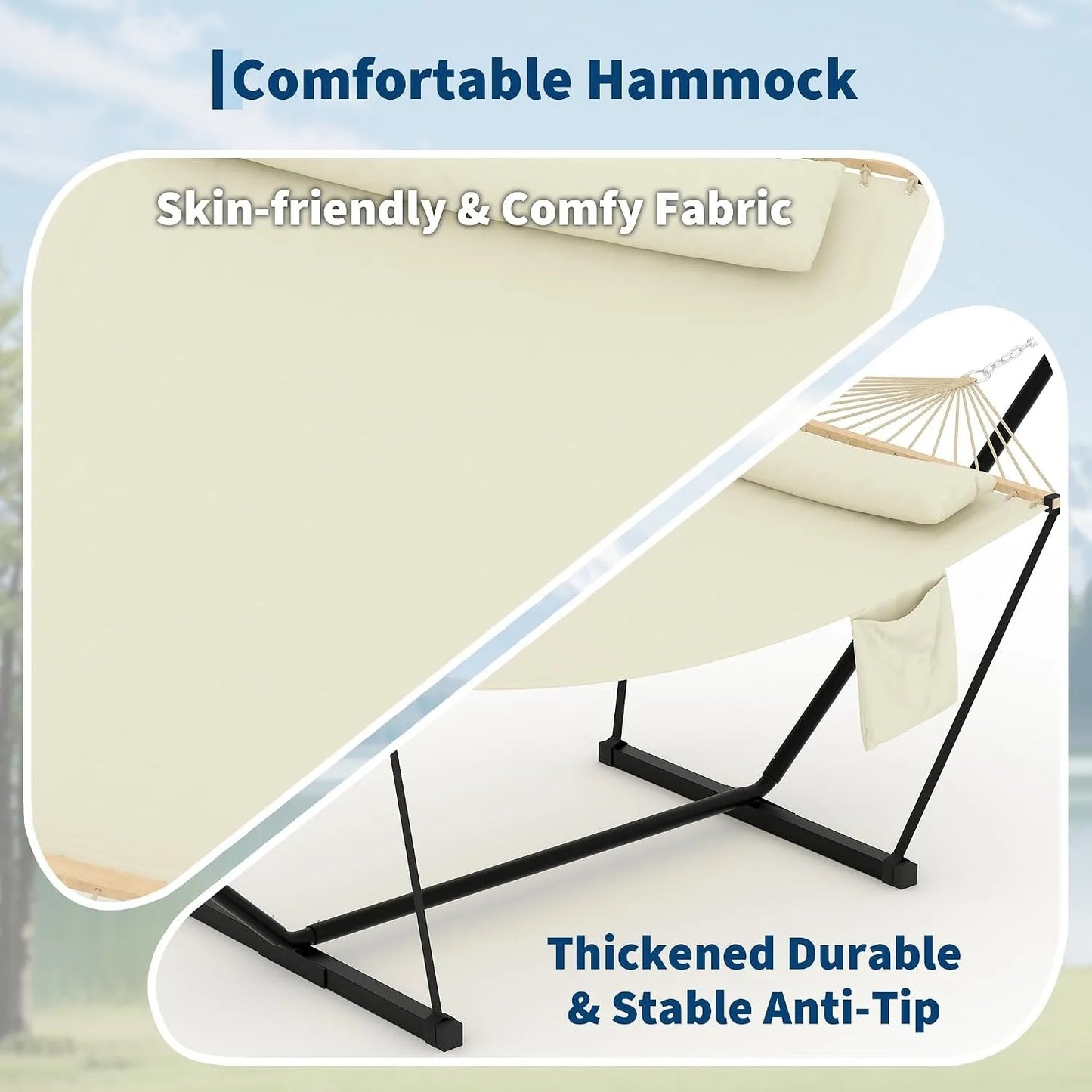 Double Polyester Hammock With Stand And Pillow For Outdoor Relaxation