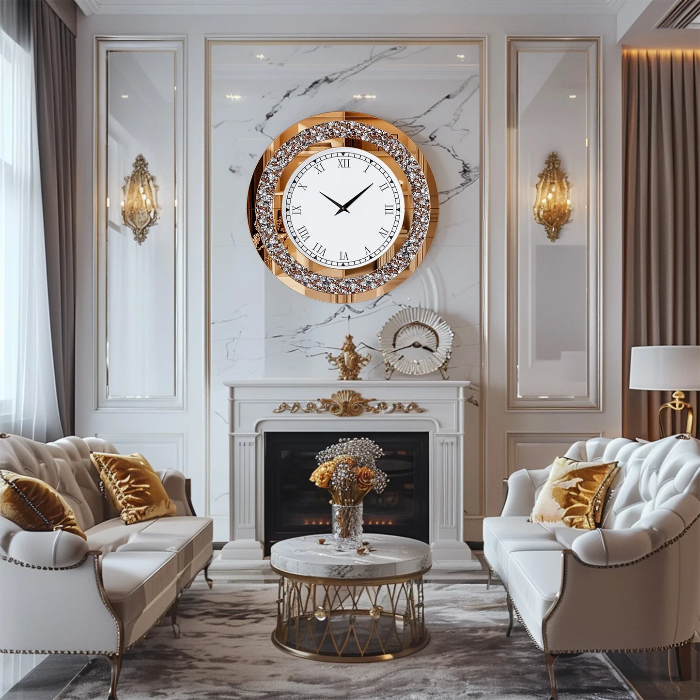 Decorative Crystal Mirrored Wall Clock With Silent Movement