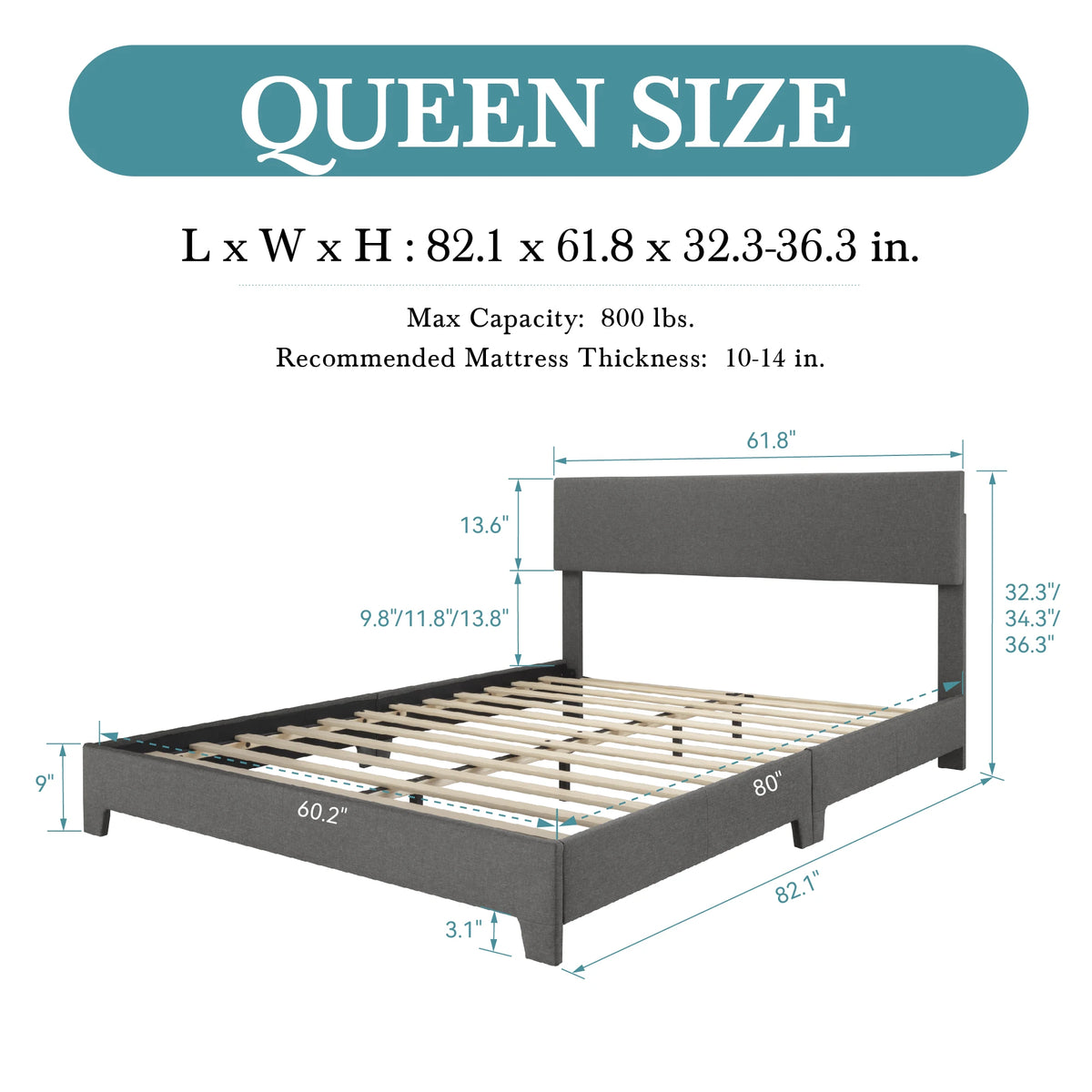 Hoomic Upholstered Bed Frame With Adjustable Linen Headboard