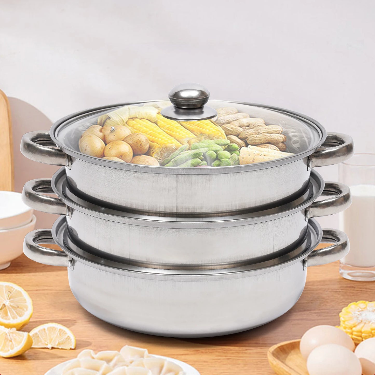 Stainless Steel Triple Layer Steamer Pot For Gas Stove