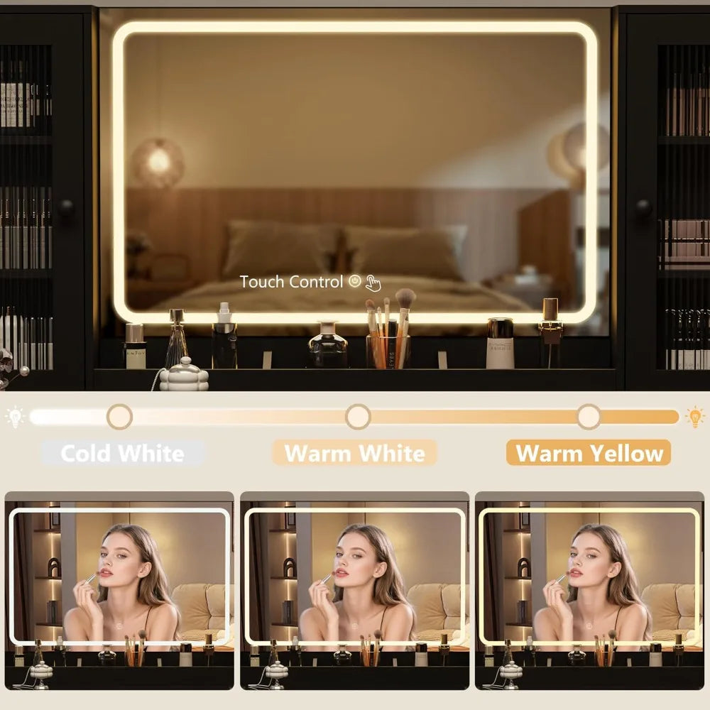 Fluted Makeup Vanity Desk With LED Mirror And Drawers