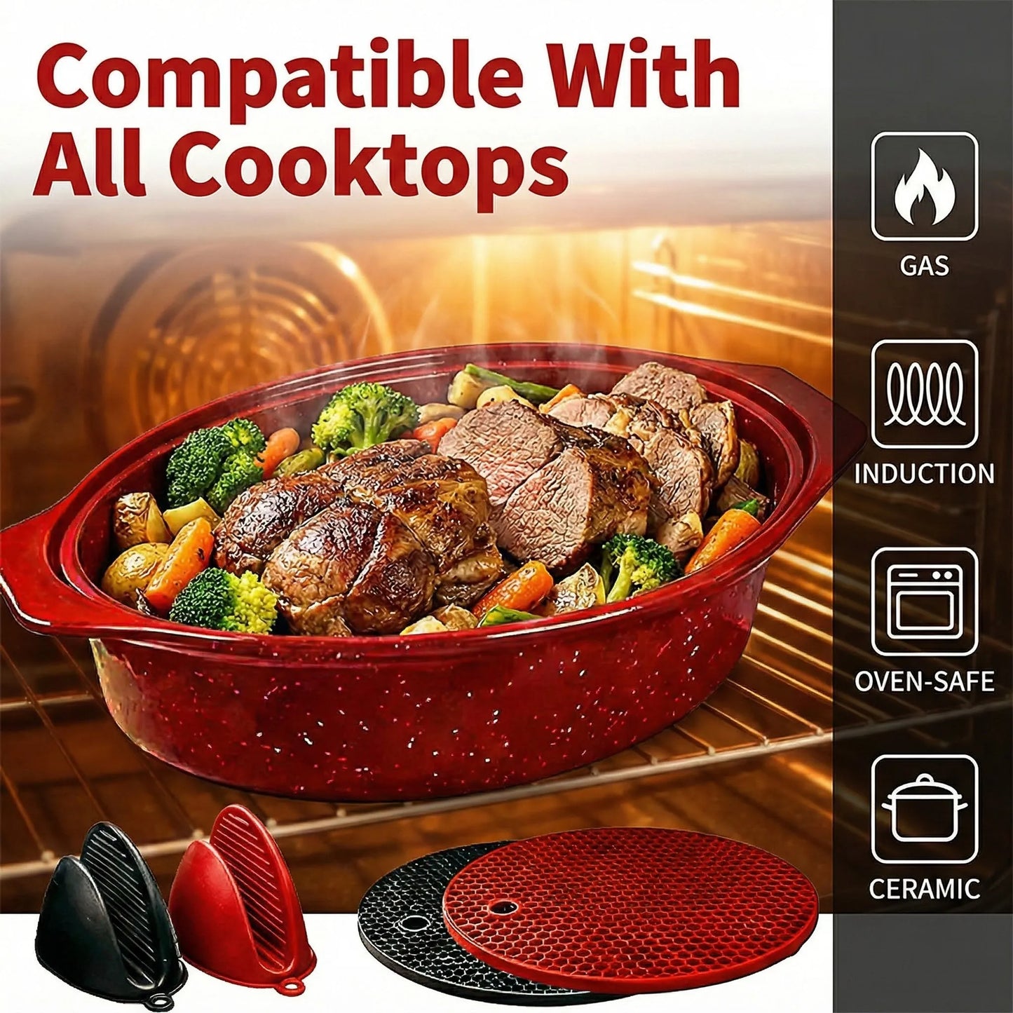 Oval Enamel Steel Roaster With Lid 932 Fahrenheit Heat Resistant