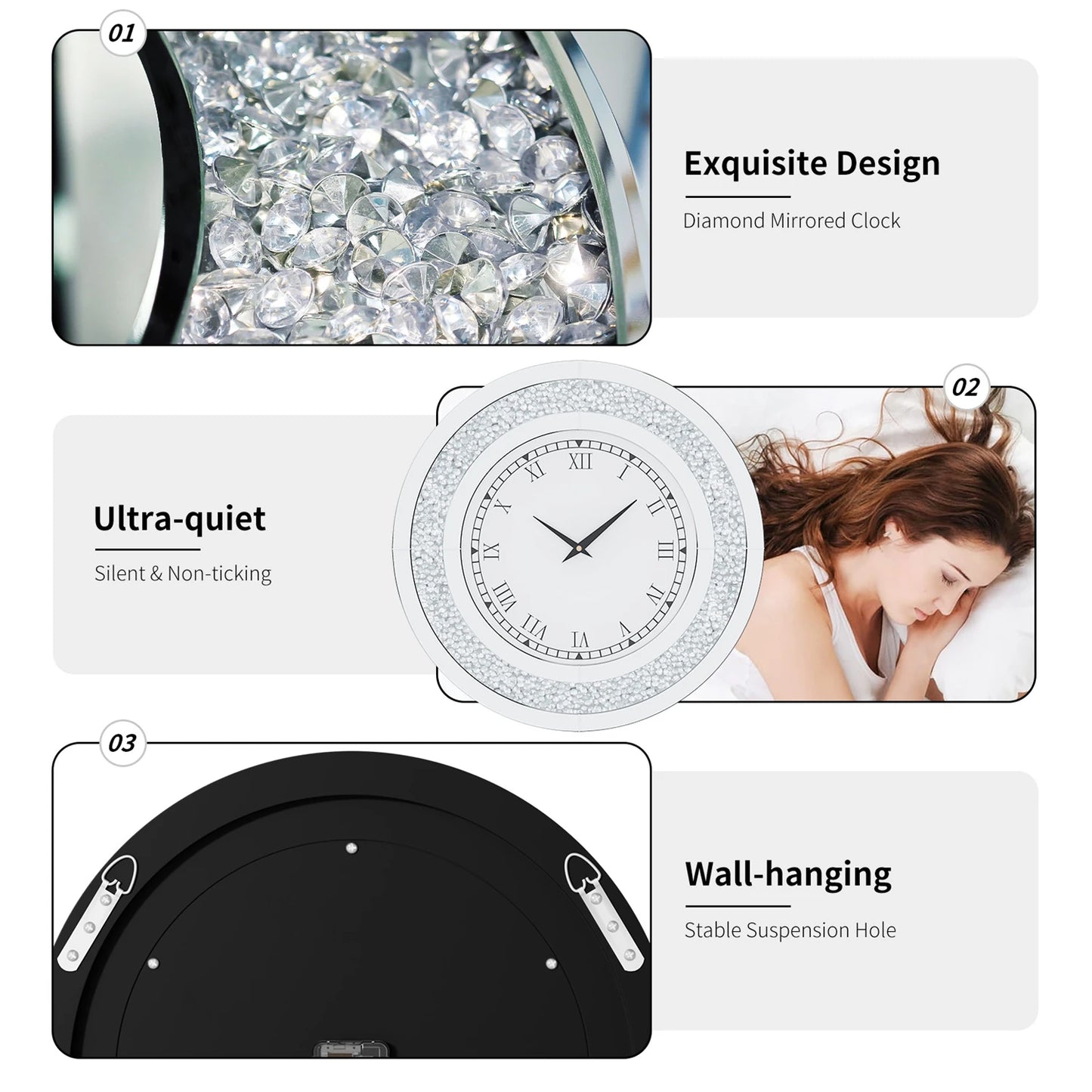 Bling Crystal Sparkle Round Wall Clock With Alarm