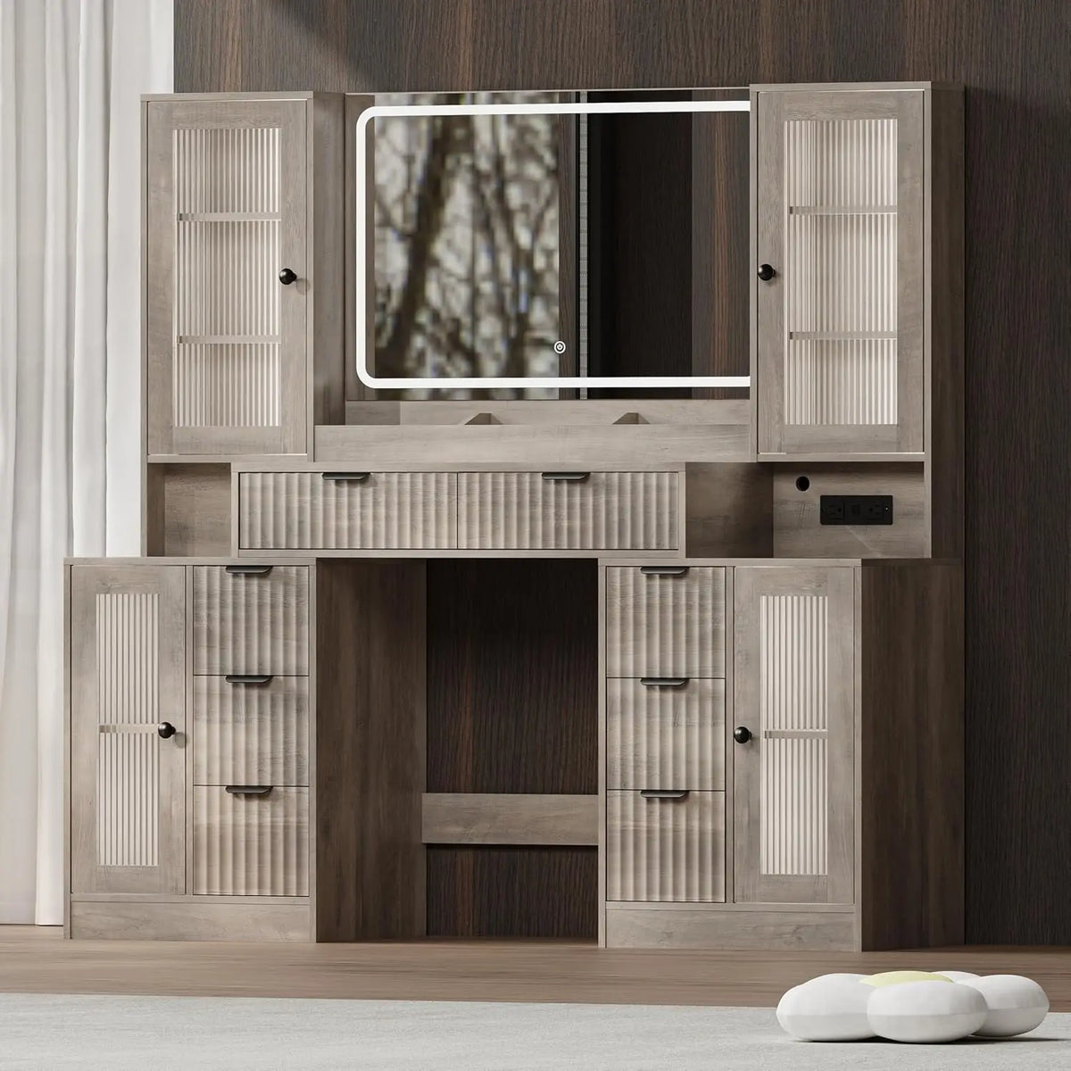Fluted Makeup Vanity Desk With LED Mirror And Drawers