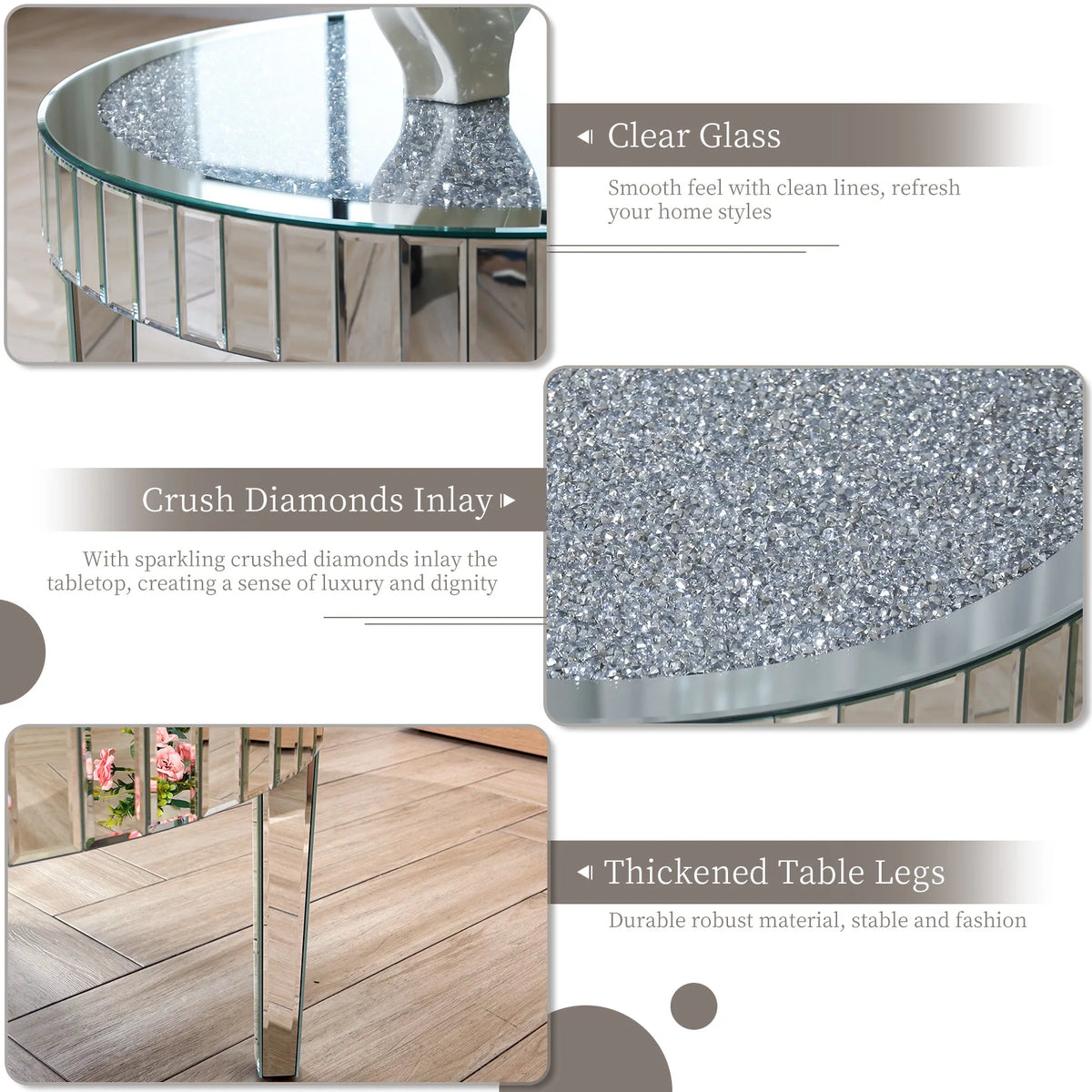 Modern Round Mirrored Glass Coffee Table Featuring Crystal Inlay Accent