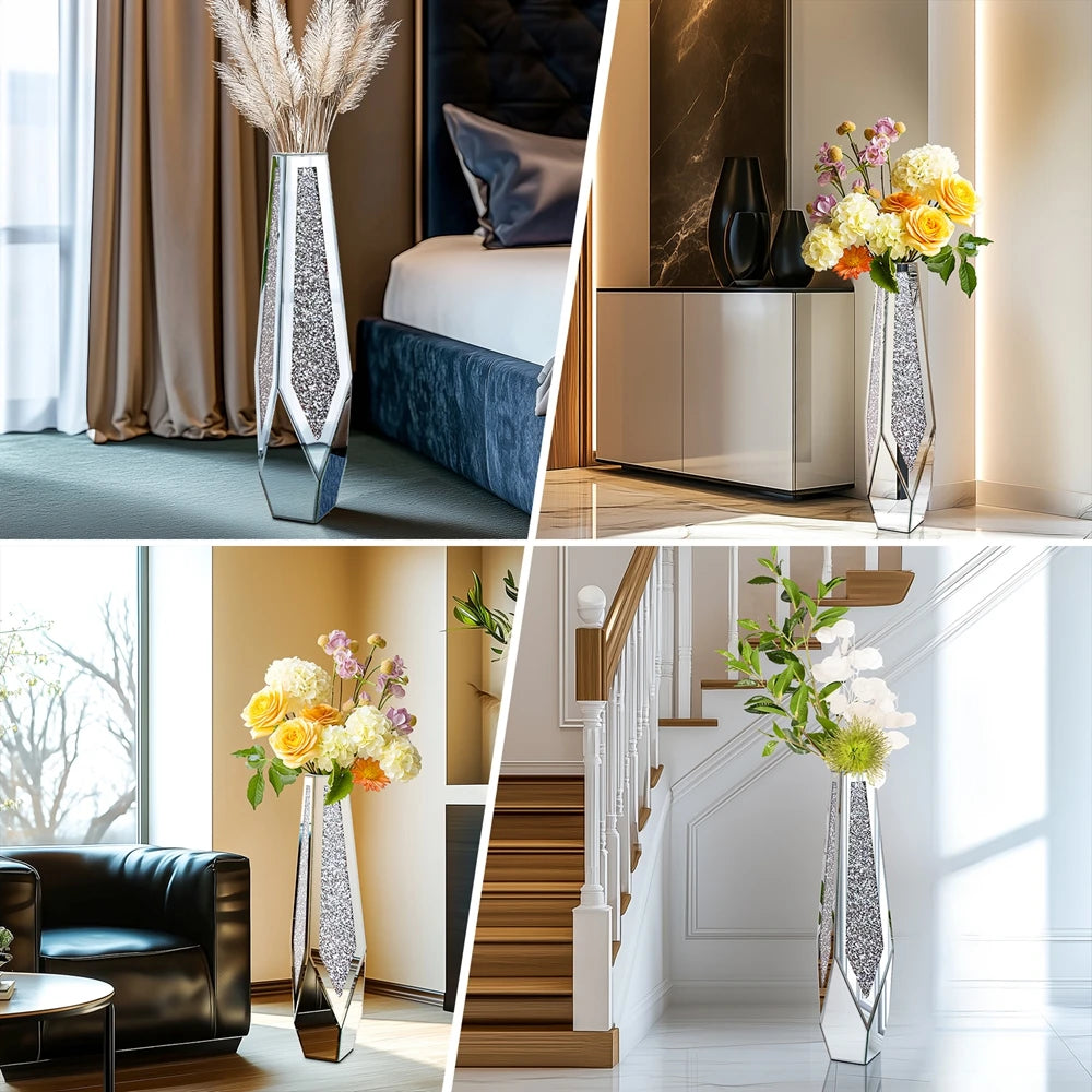 Luxury Crushed Diamond Mirrored Standing Floor Flower Vase